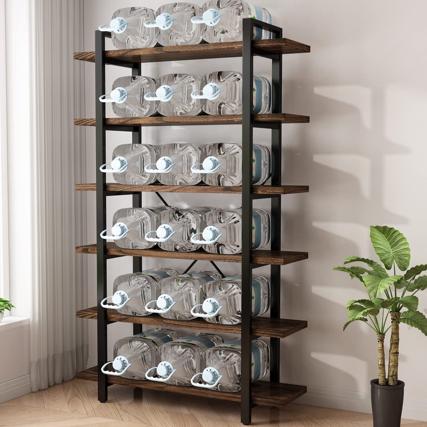 AY-AOYUAN Solid Wood Bookcase and Book Shelves Wood and Metal Shelving Unit 6 Tier Bookshelf Modern Rustic Open Bookshelf Office,Distressed Brown (AY-02-6Tier)