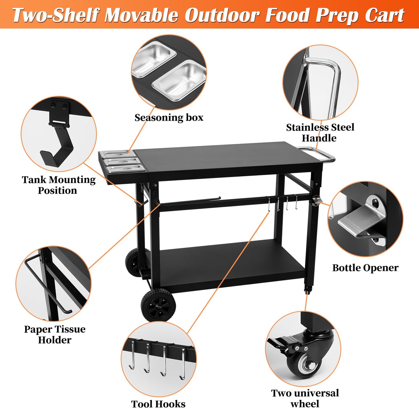 Wanchao Black Cast Iron 2-Shelf Grill Cart with Wheels,Heavy Duty Pizza Oven Stand for Blackstone Ninja,Outdoor Cooking Station with Durable Tabletop