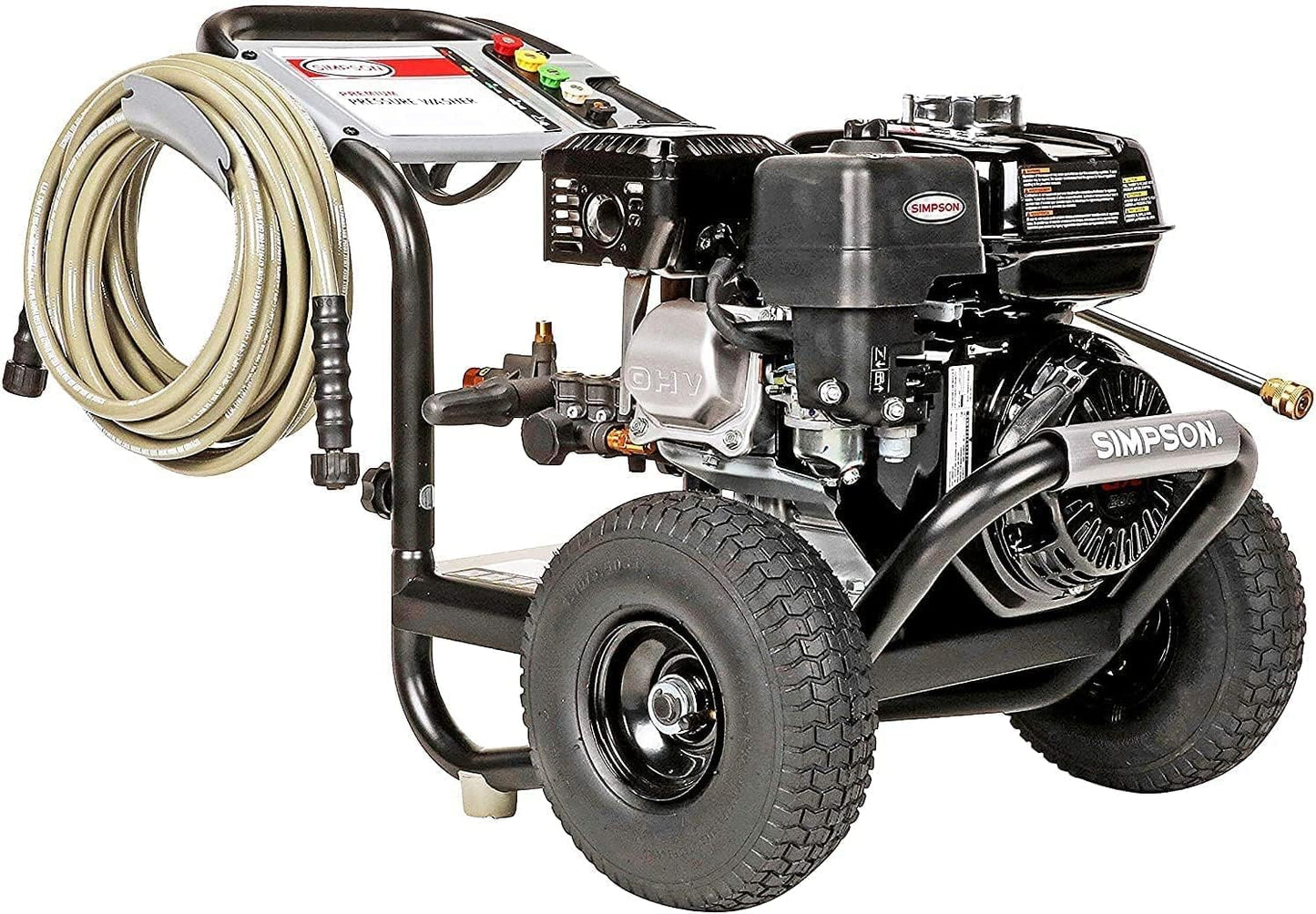SIMPSON Cleaning PS3228 PowerShot 3300 PSI Gas Pressure Washer, 2.5 GPM, Honda GX200 Engine, Includes Spray Gun and Extension Wand, 5 QC Nozzle Tips, 5/16-inch x 25-foot MorFlex Hose, 49-State