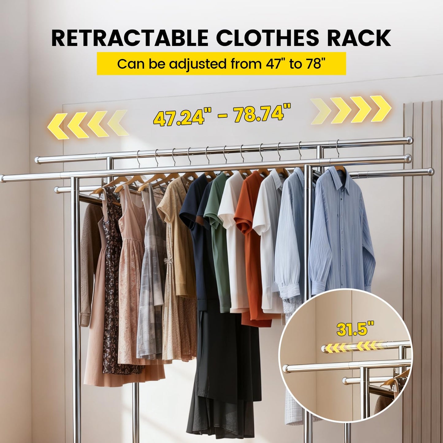 DEGEDUN Heavy Duty Clothes Rack Load 660LBS, Portable& Adjustable Clothes Rack with Wheels Garment Rack, Lockable Rolling Wheels, for Bedroom and Laundry Room