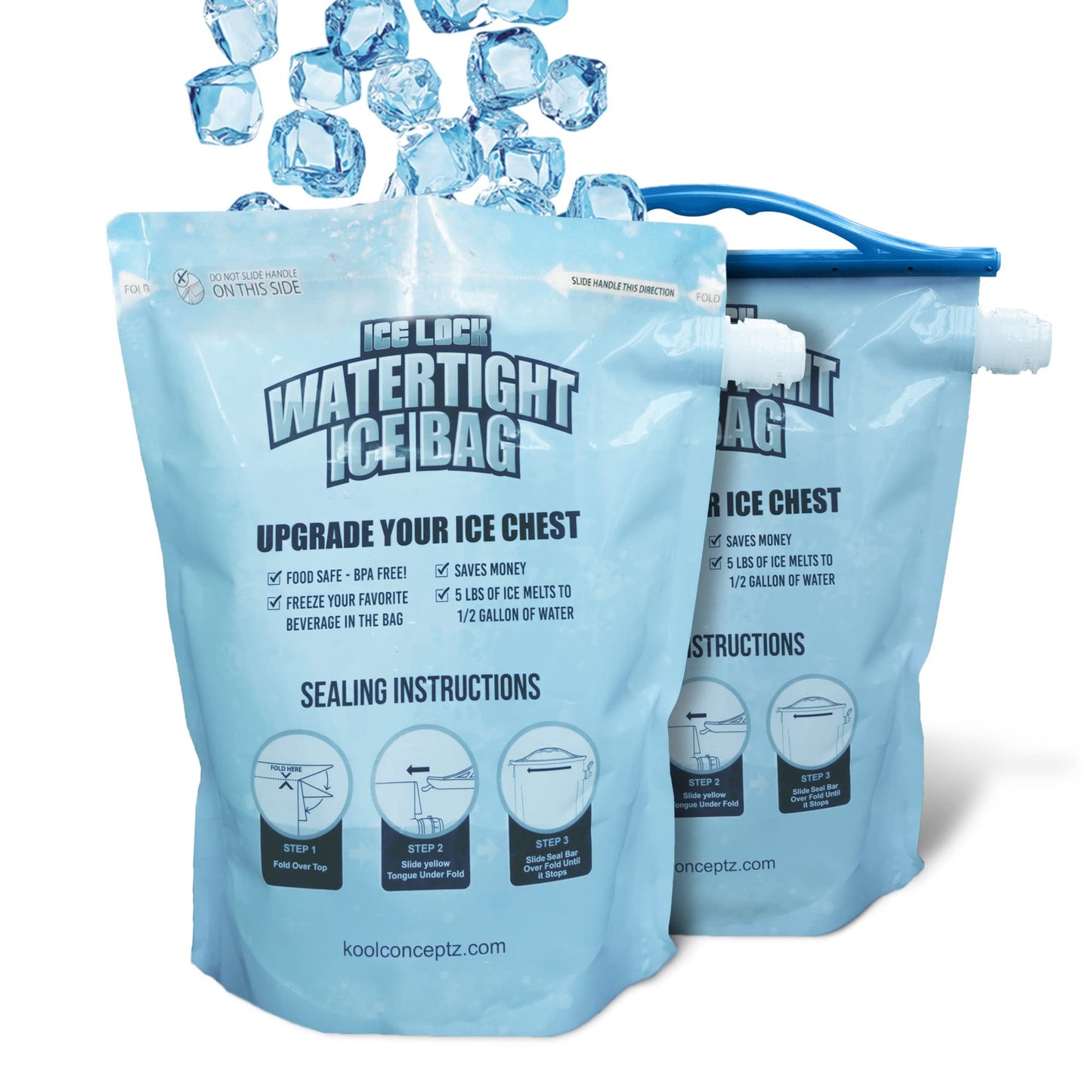 ICE LOCK Reusable Ice Packs for Coolers - Large Leakproof Ice Bags - Refillable with Cubed Ice, No Freezer Needed - 4 Layer Waterproof - Cold & Dry Storage with Drinkable Meltwater - (Pack of 2)