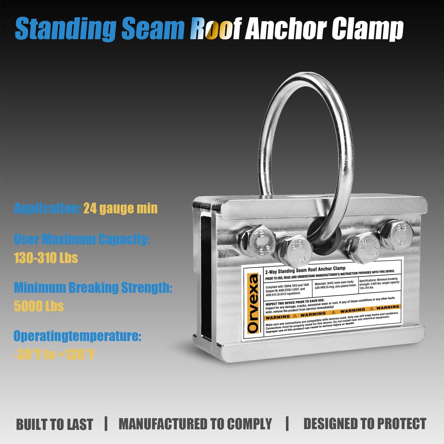 ORVEXA Standing Seam Roof Clamp Anchor, 2-Way Reversible Non-Penetrating No-Drill Metal Roof Anchor with O-Ring for Vertical Seams and Fixed Ladders, 5,000 lb Rated Fall Protection Anchorage Connector