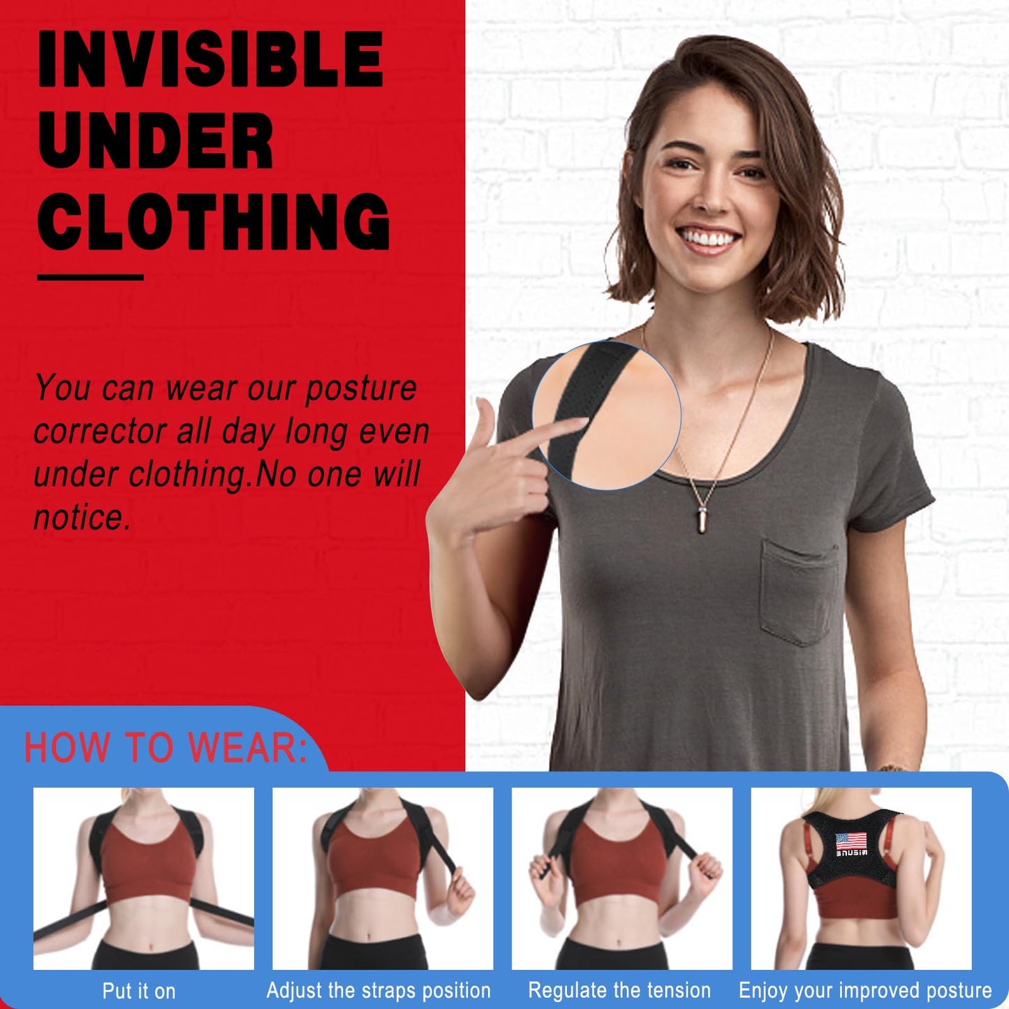 SNUSIM Posture Corrector Upper Back Brace Neck Shoulder Back Support Brace Pain Relief Belt for Women Men Braces Spine Straightener Breathable