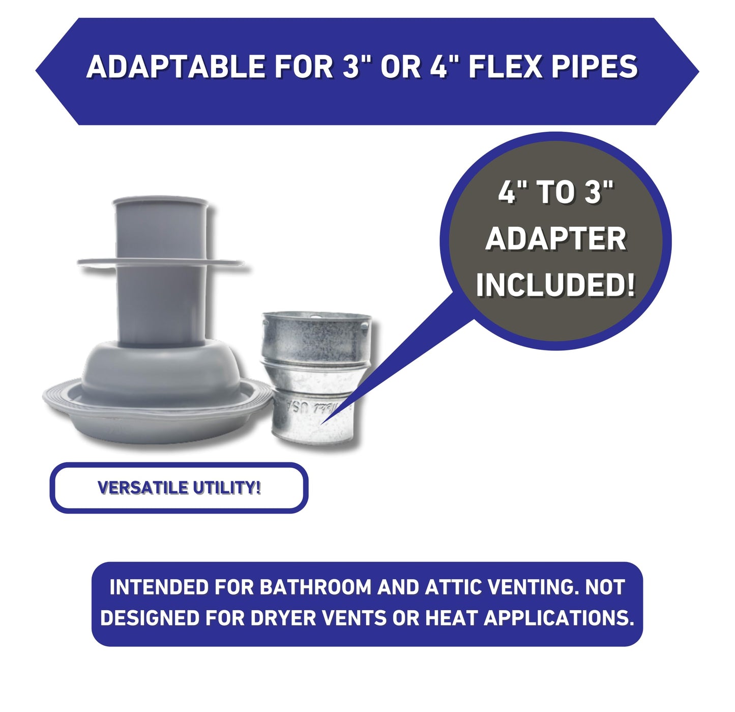 Covent Metal Roof Exhaust Fan Vent for 3"-4" Flex Hose Exhaust - Full Installation Kit and Adapter Included (Black)