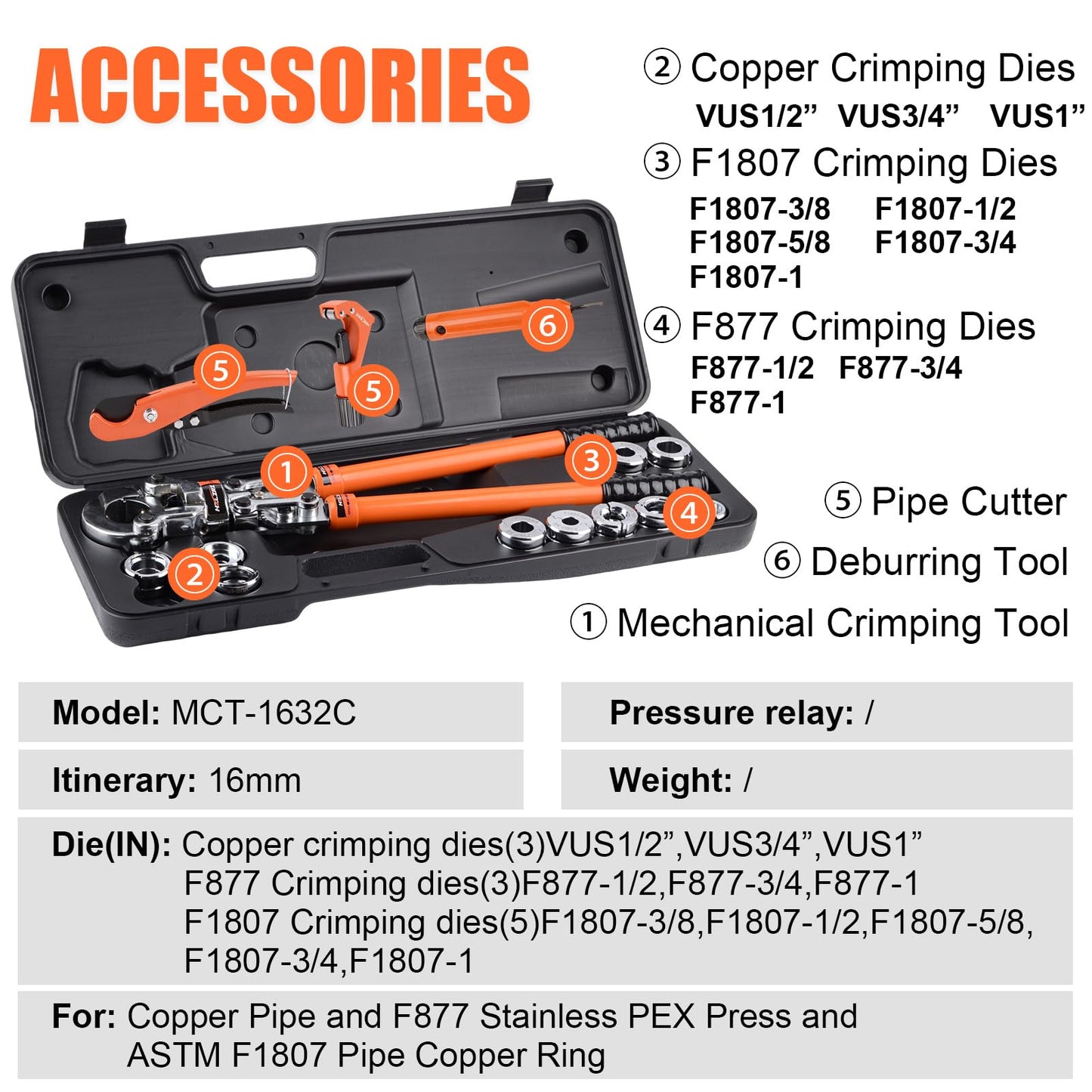 HZLZRZ Professional Universal Pipe Crimping Tool Kit, 6 Dies for Copper 1/2" 3/4" 1" and F877 PEX, with 3/8",1/2",5/8",3/4",1" ASTM F1807 PEX Rings and Pipe Cutter, Pro Press Crimper (MCT-1632C)