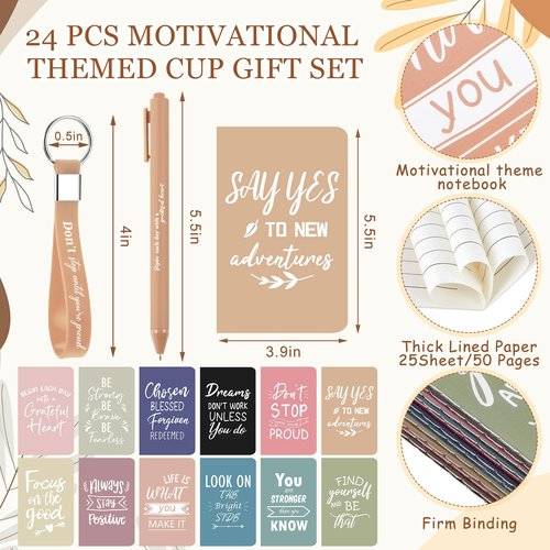 Hollowfly 24 Sets / 96 Pcs Inspirational Gifts Bulk for Employee Appreciation, 24 oz Plastic Cups and Pens Notebooks Keychains Set, Group Gifts for Office Staff Coworkers (Morandi)