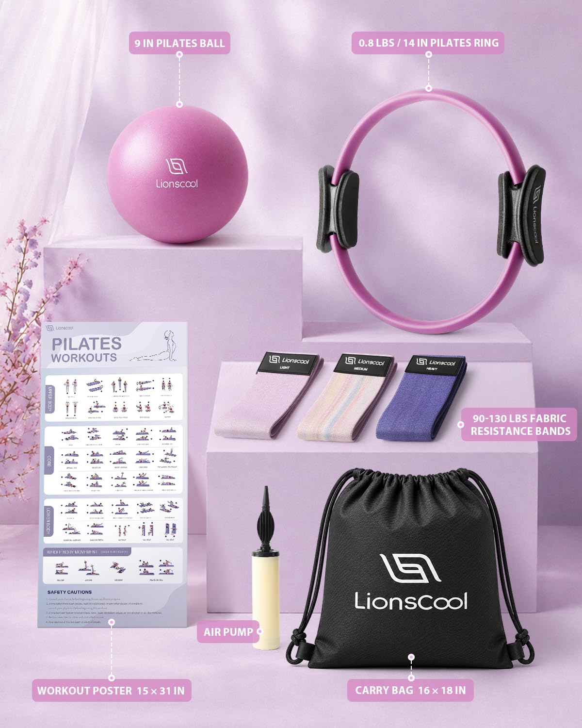 LIONSCOOL Pilates Ring Set (Purple) - 14" Anti-Deformation Magic Circle with Padded Handles, 9" Mini Ball, Non-Slip Fabric Resistance Bands, Guide & Bag