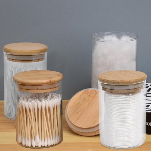 BKYFPQ Glass Qtip Holder Dispenser Set - 4 Apothecary Jars with Lids for Makeup & Bathroom Storage