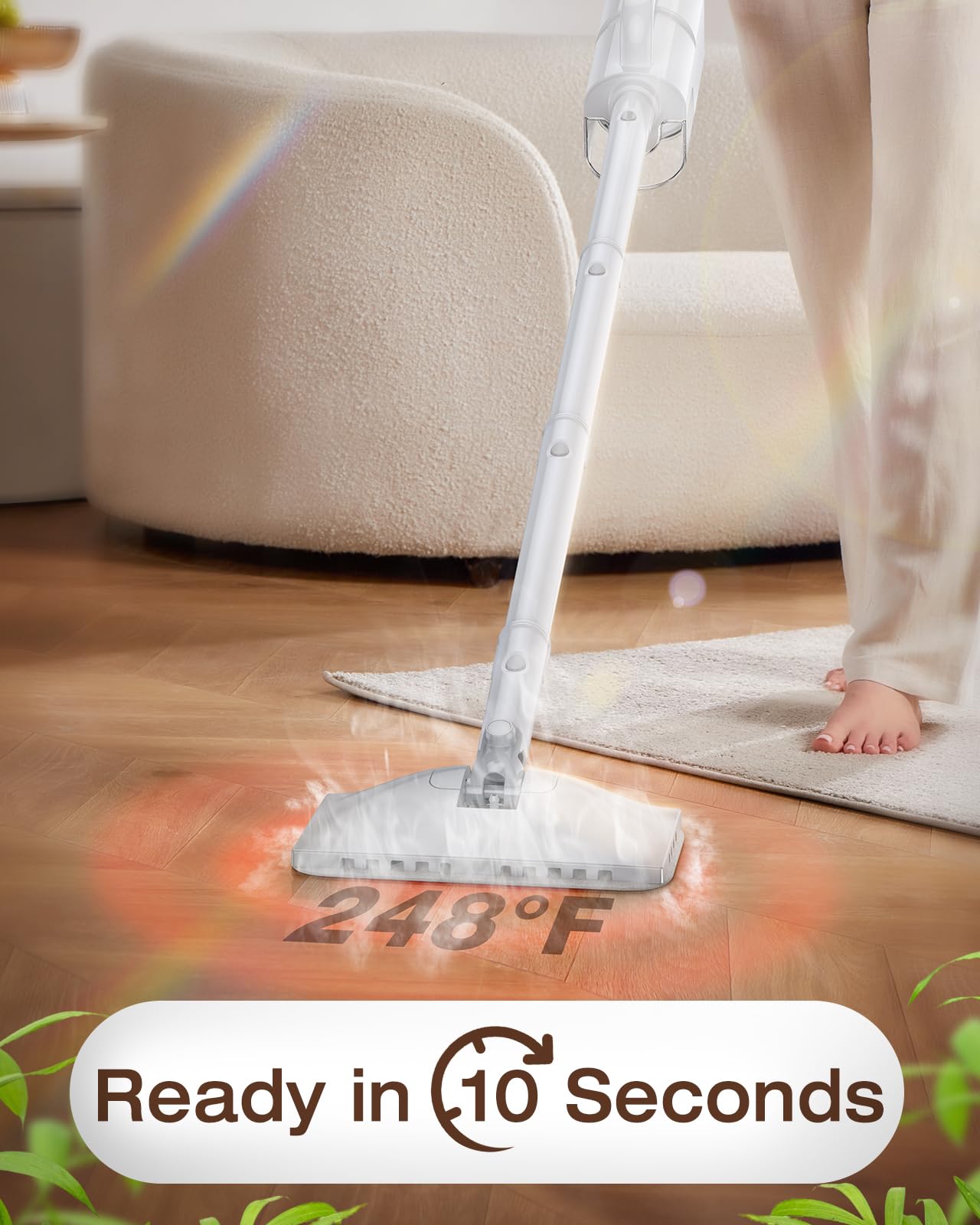10-in-1 Steam Mop with Detachable Handheld Steamer, 350ml Tank, 10s Heat-Up, 248°F Steam Cleaner, 3-Level Control and Swivel Head for Floors, Carpets, Tiles, BBQ grill Multi-Surface Clean White