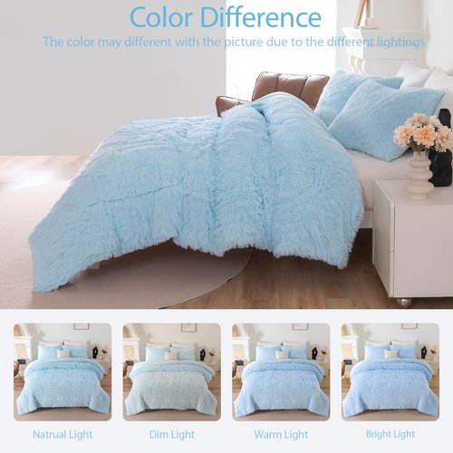 BYHOFMLY Light Blue Fluffy Girls Comforter Set Twin Size 3 Pieces Faux Fur Plush Shaggy Bedding Set for Teen Girls Soft Warm Furry Velvet Kids Bed Sets (Light Blue, Twin)