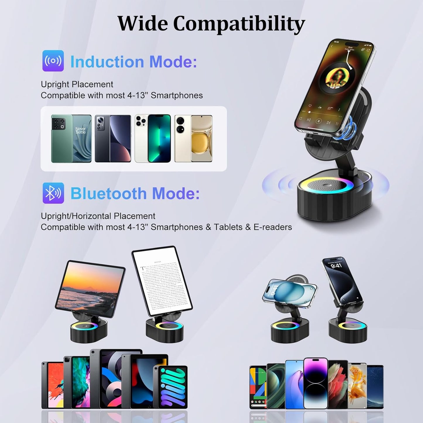 AKLLCCR 5in1 (3000mAh) 300 Wireless Induction Audio Bluetooth Speaker Phone Holder Emergency Rechargeable with Colorful