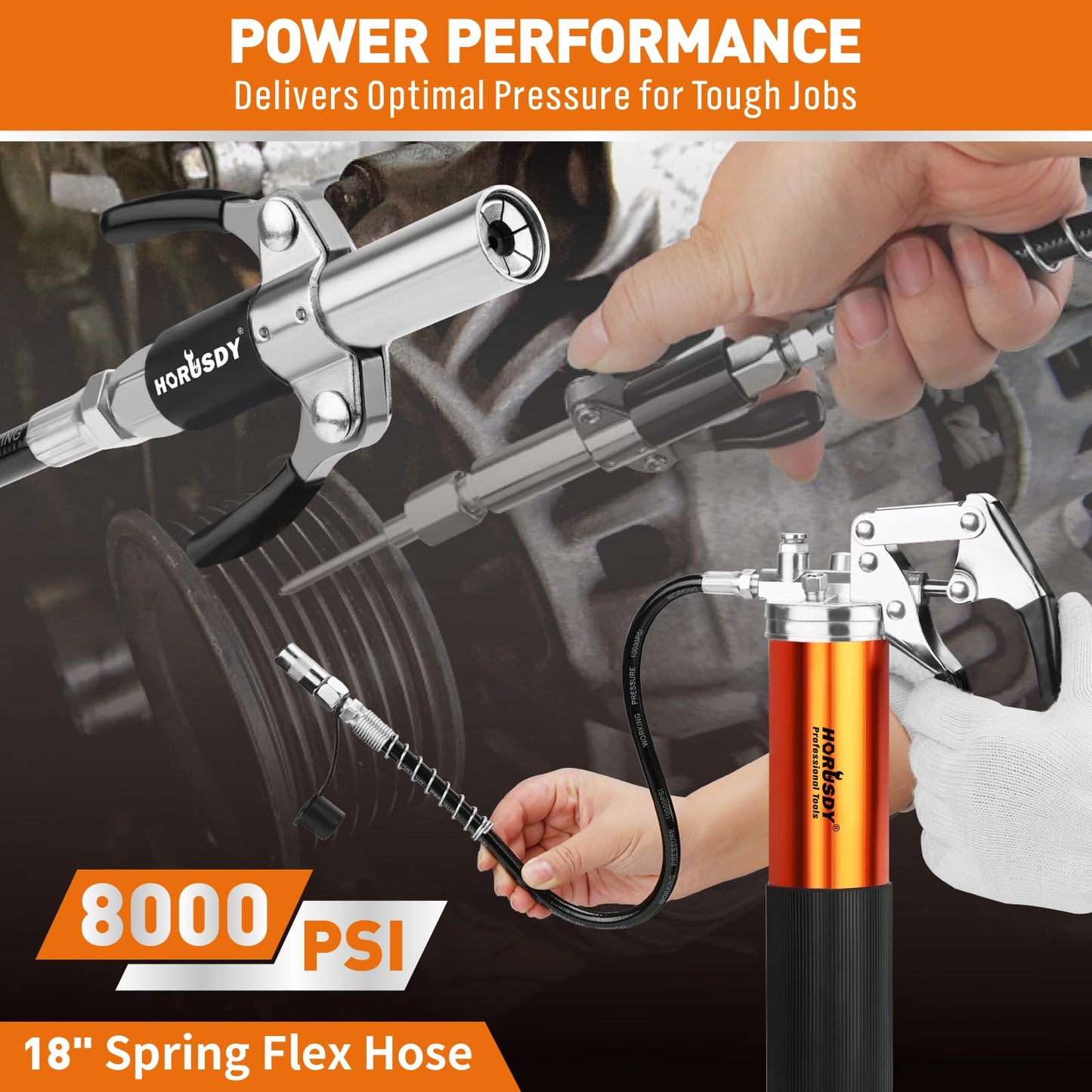 18-Piece 8000PSI Heavy Duty Grease Gun Kit with 14oz Grease, 2x11" Hoses, Flex Hose, Extension Pipes, Lock Coupler, Injector, Sharp Nozzle for Vehicle, Farm, Workshop, Marine, Easy Operation Tool