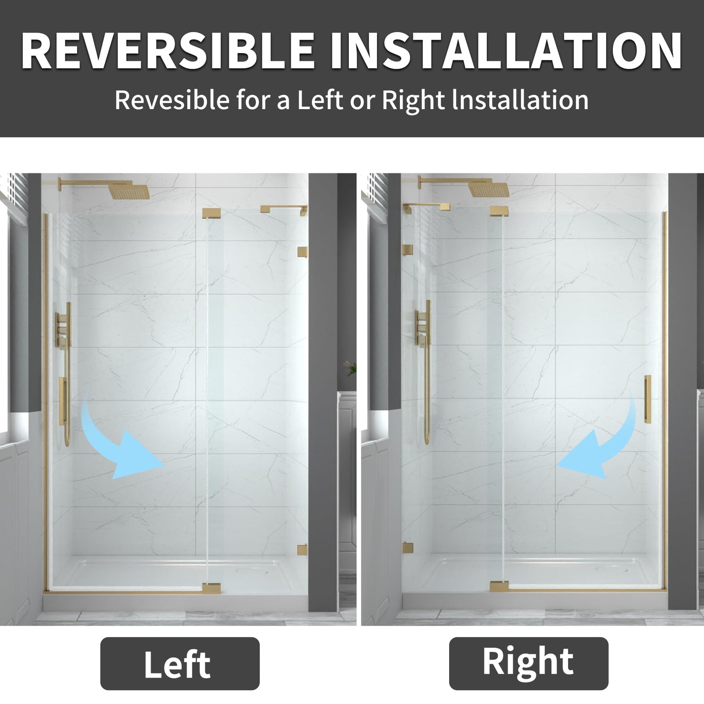 ComfyStyle 44-48" W x 70" H Frameless Pivot Shower Door, 5/16"(8mm) Clear SGCC Tempered Glass Shower Doors, Brushed Gold Hinged Shower Glass Door, Reversible Installation