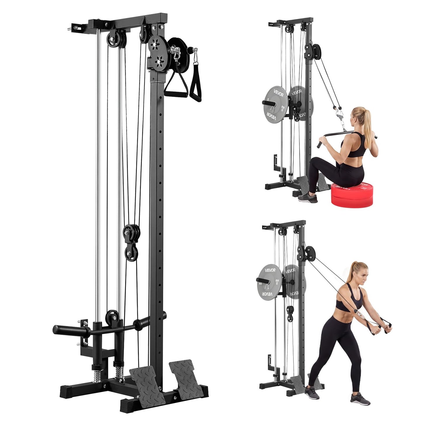 VEVOR LAT Pull Down Machine, 3-in-1 Row Cable Machine, Cable Machines Home Gym with 18-Levels Height Adjustment, Wall-Mount Design, Load 500 lbs LAT Tower for Full-Body Workouts, Single-Arm Training