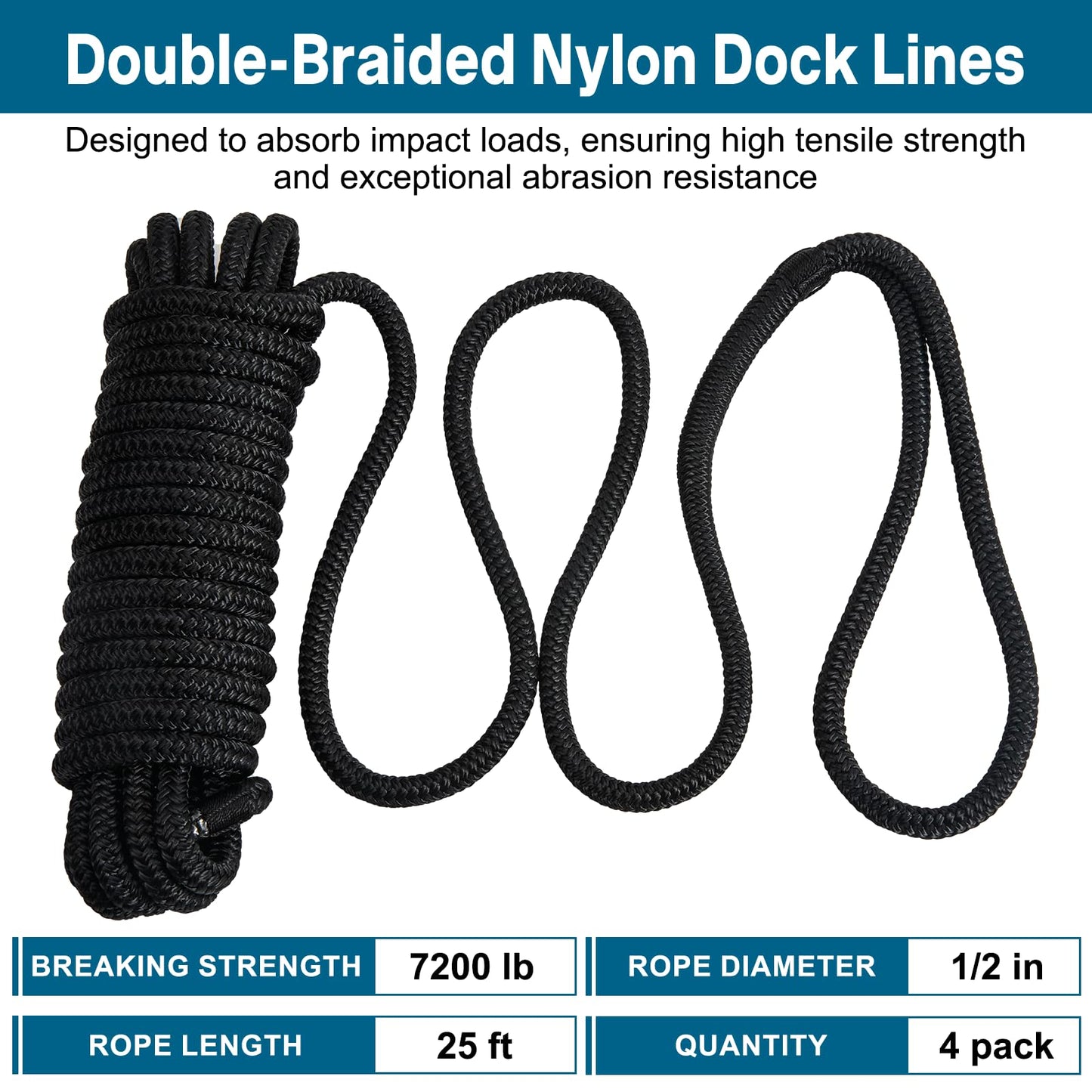4 Pack 1/2" x 25’ Boat Dock Lines for Boat & Pontoon, Premium Marine- Grade Double Braided Nylon Dock Line, Pre-Spliced with a 12" Eyelet-Black,Boating Gifts for Men