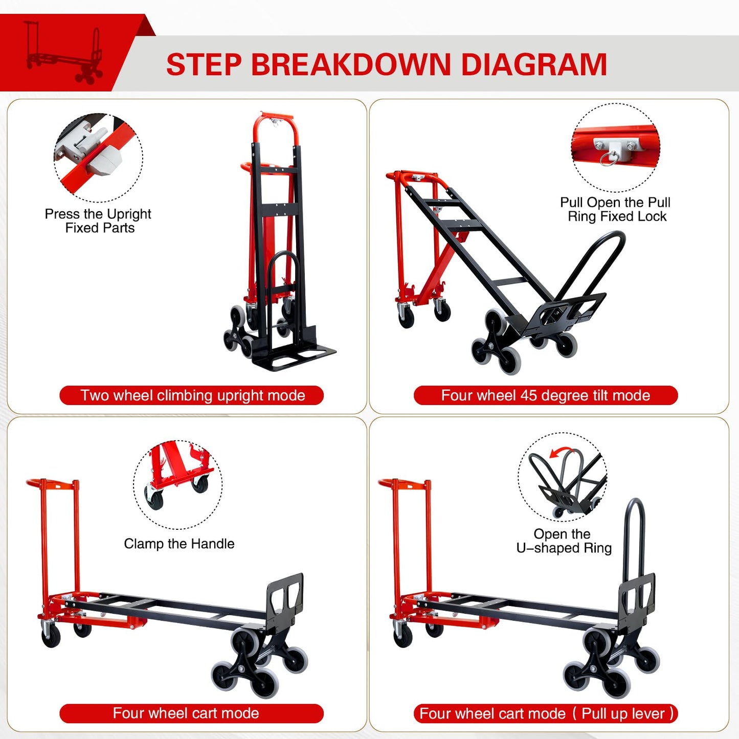 SOUTHHELP 3 in 1 Industrial Convertible Hand Truck Dolly,1000 LBS Capacity Stair Dolly,Stair Climbing Hand Trucks Heavy Duty with Solid Wheels for Moving,Transport in Warehouses,Factory(Red)