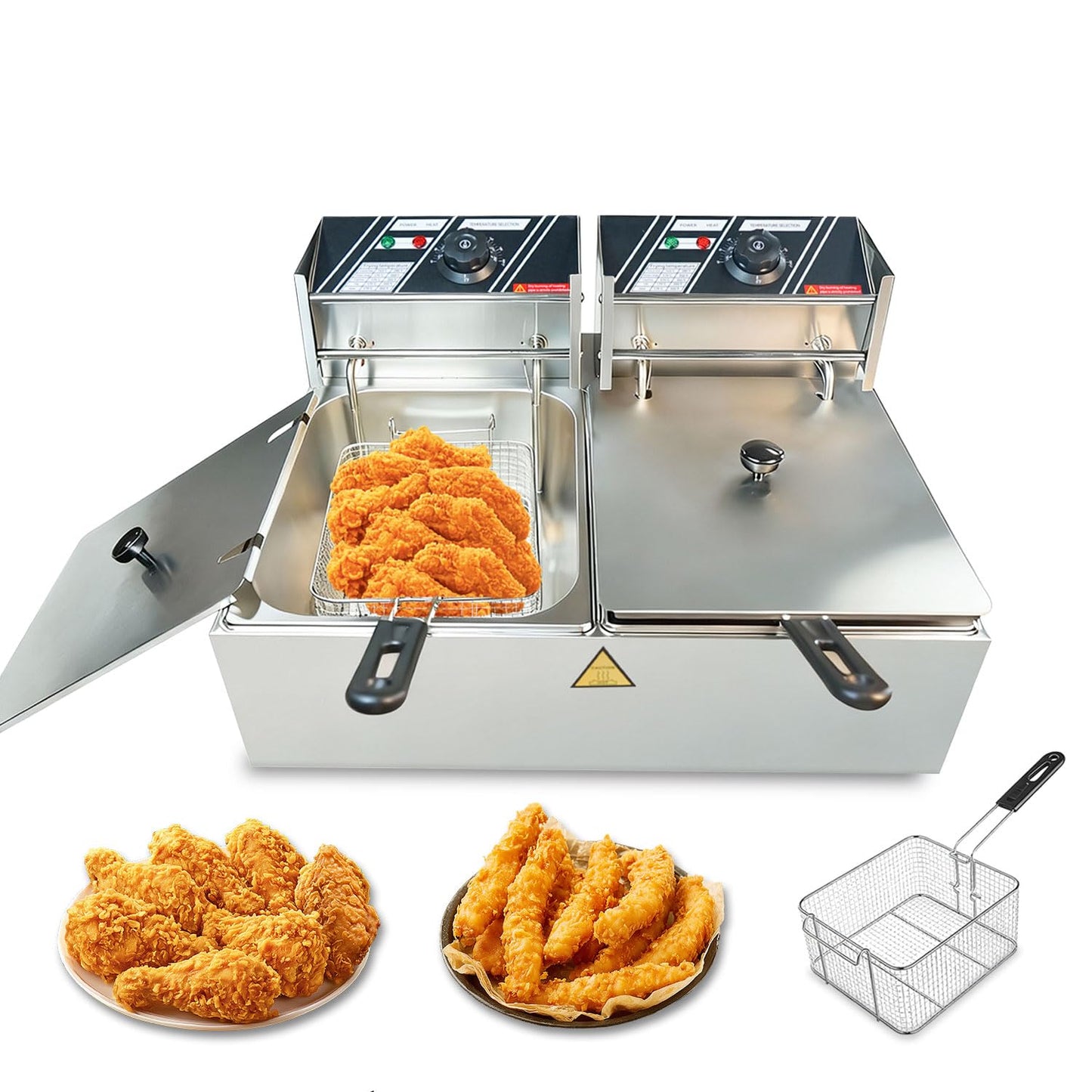 Commercial Electric Deep Fryer with Basket, 18.2Qt/17.2L Dual-Tank Large Capacity Stainless Steel Fryer, 3000W Rapid Heating with Removable Oil Pot & Temp, ETL Certified for Restaurant & Home Use