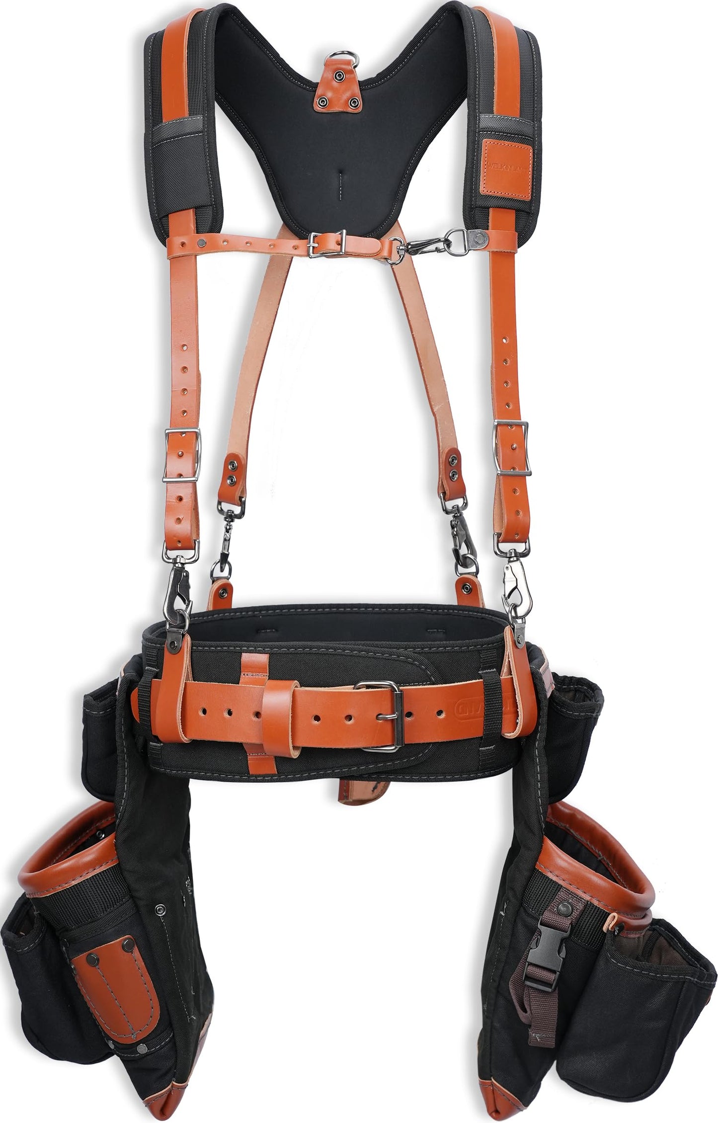 WELKINLAND Top-Grain Leather Tool Belt With Suspenders, Heavy-Duty Leather Tool Belts With Suspender, 22-Pocket Carpenter Pouches For Construction, Comfy Roofing Tool Belt, Framers Tool Belts