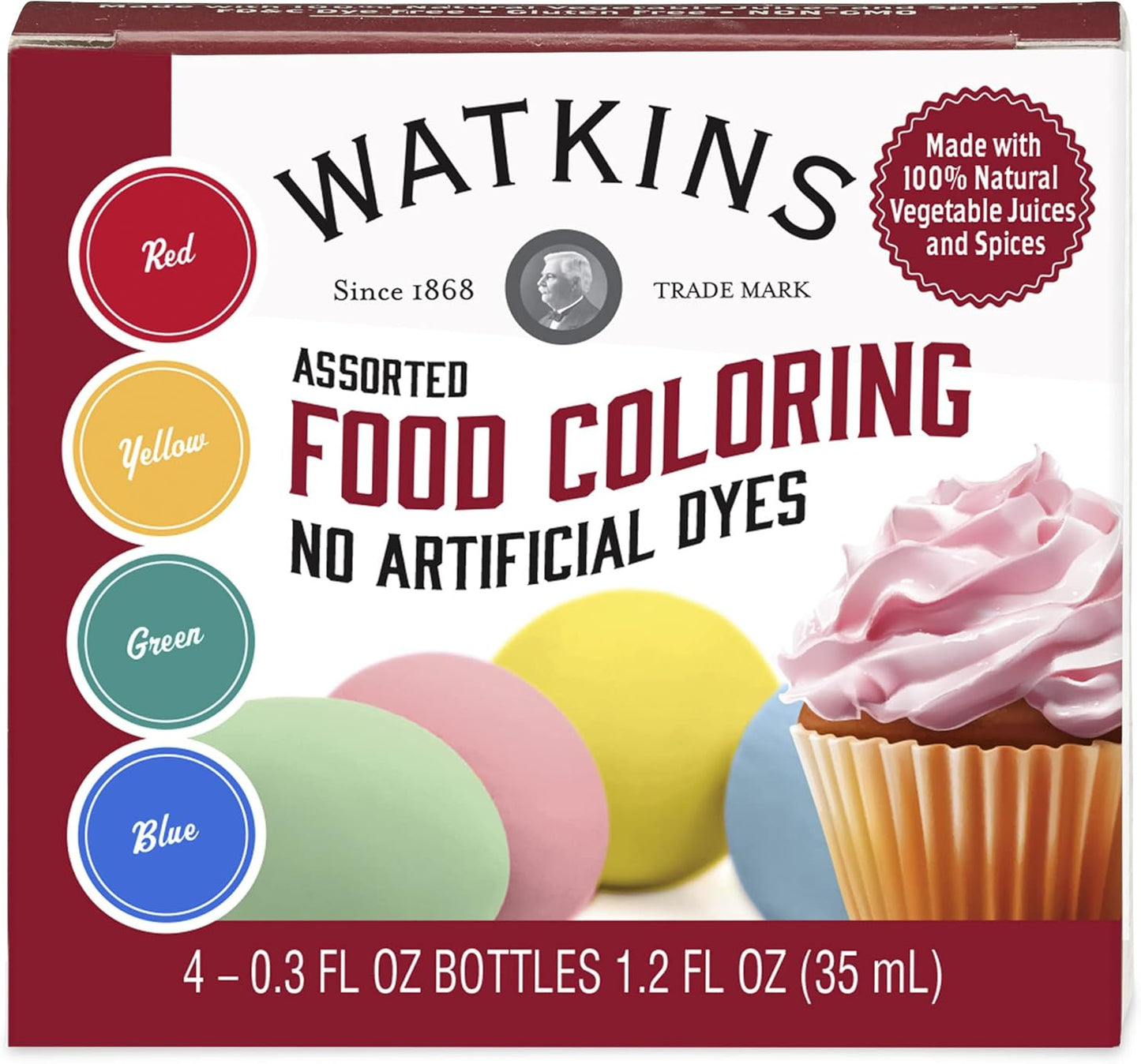 Watkins Food Coloring Set - Assorted Red, Yellow, Green & Blue - 0.3 oz Bottles, 4 Count (Pack of 2)
