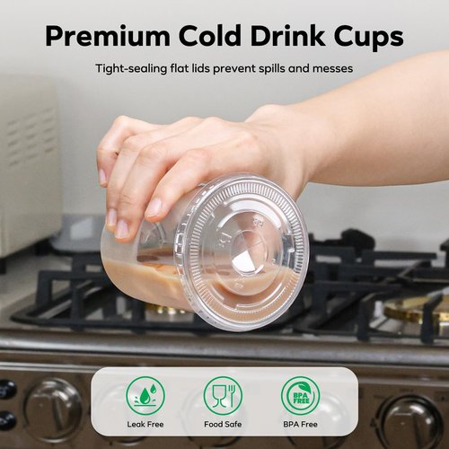 100PCS 12 oz Disposable Plastic Cups with Flat Lids and Clear Straws, Round Bottom To Go Iced Coffee Cups, Small Sturdy Drink Cups for Soda, Smoothies, Cold Beverage, Juice Bars, Takeout, Office