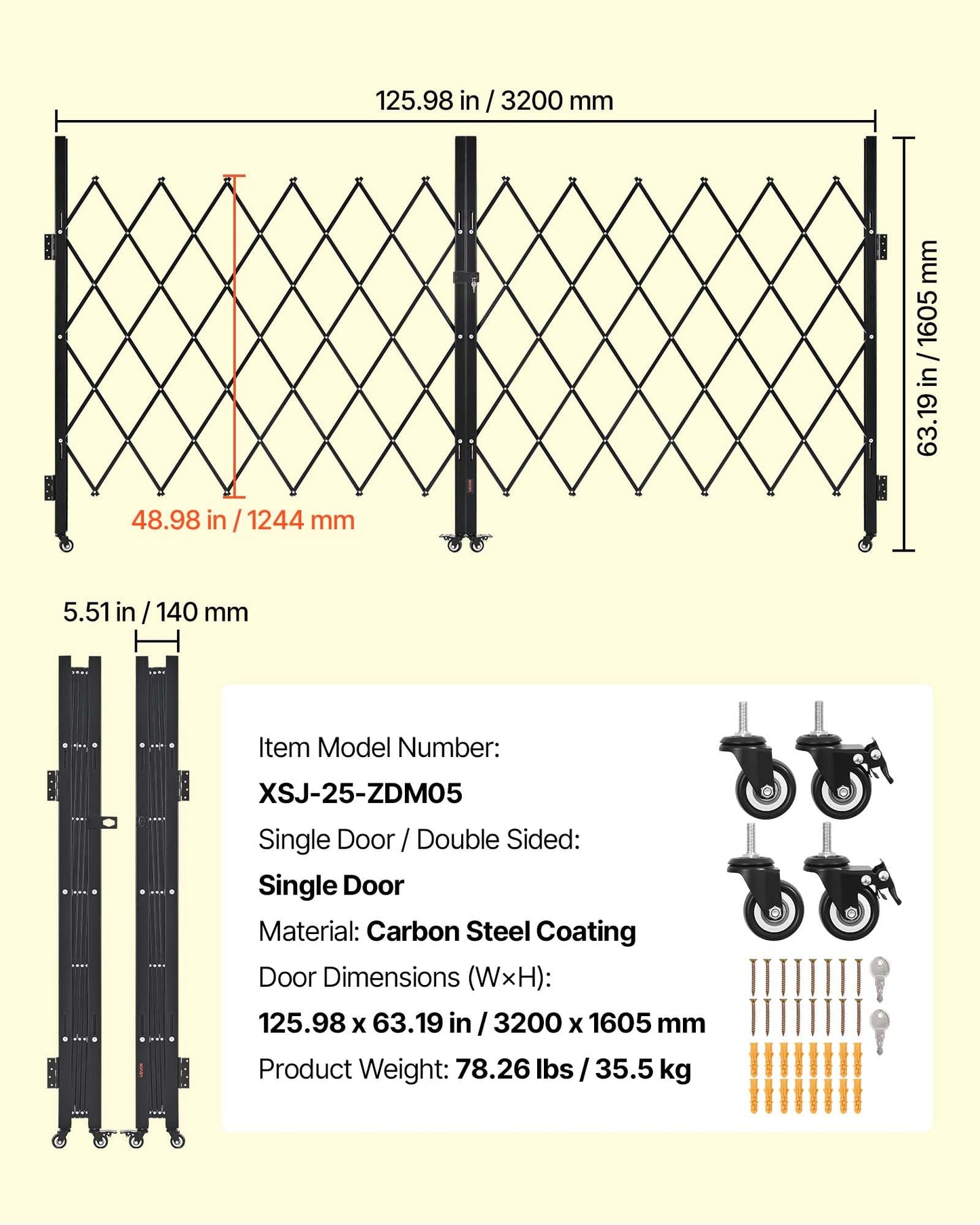VEVOR Double Folding Security Gate, Lockable Scissor Gate with 360° Swivel Casters, Outdoor Barricade Steel Retractable Gates, for Entry Security, Garage, Warehouse & Pool, 125.98 x 63.19 in (W x H)