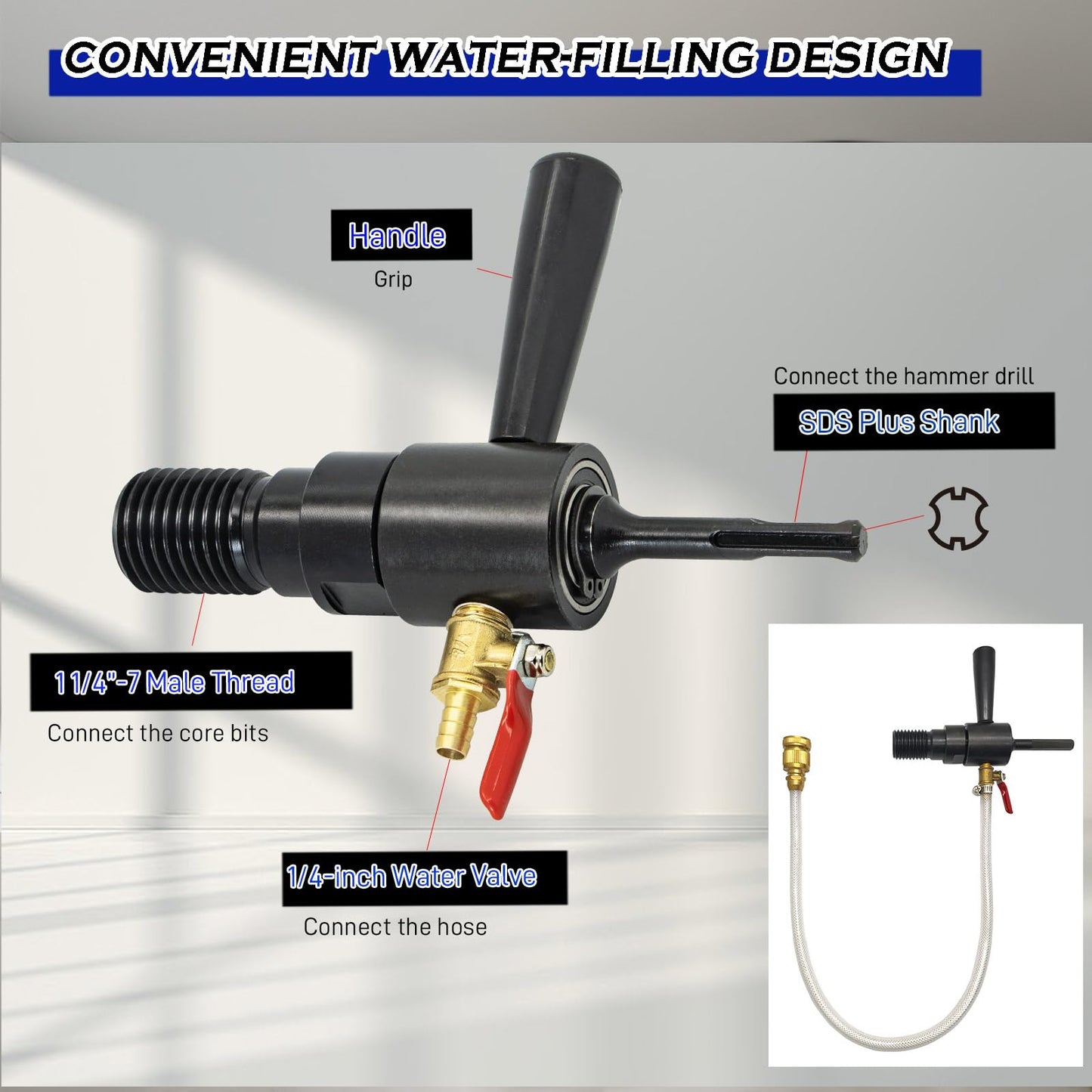 DaduoRi 7" Wet Core Drill Bit with Water Injection Capable Adapter for SDS Plus Shank - Includes Solid Brass Quick Connector and Hose - Convenient 1 1/4"-7 Thread Core Bit with Water Feed Design