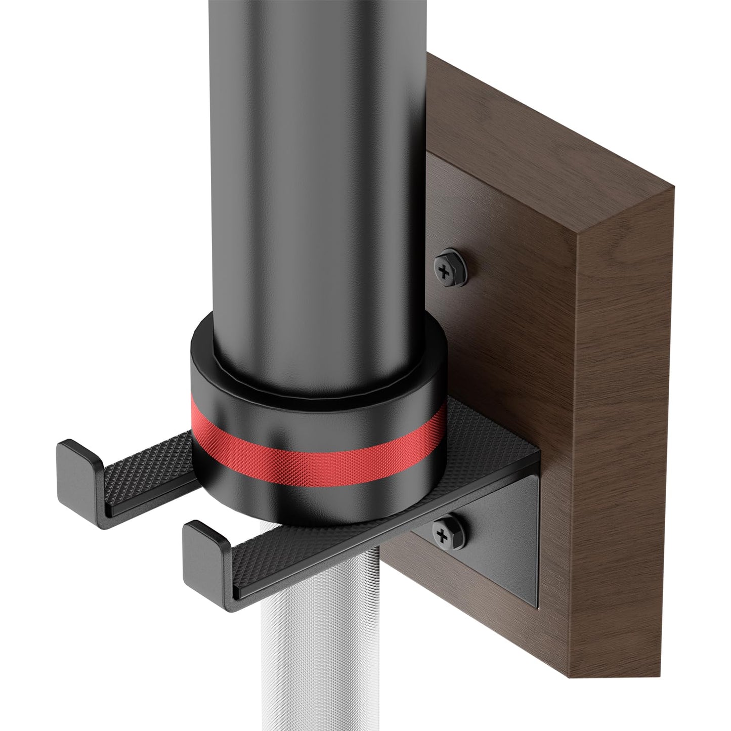 DEMEGA Barbell Wall Mount, Olympic Barbell Holder for Garage Gym, Vertical Bar Rack with Wooden Spacer Pad - Black Powder Coated Iron & Rubber Wood Base, Anti-Scratch Wall Protection & Extra Stability on Uneven Walls - Space Saving Home Gym Accessory, Bar