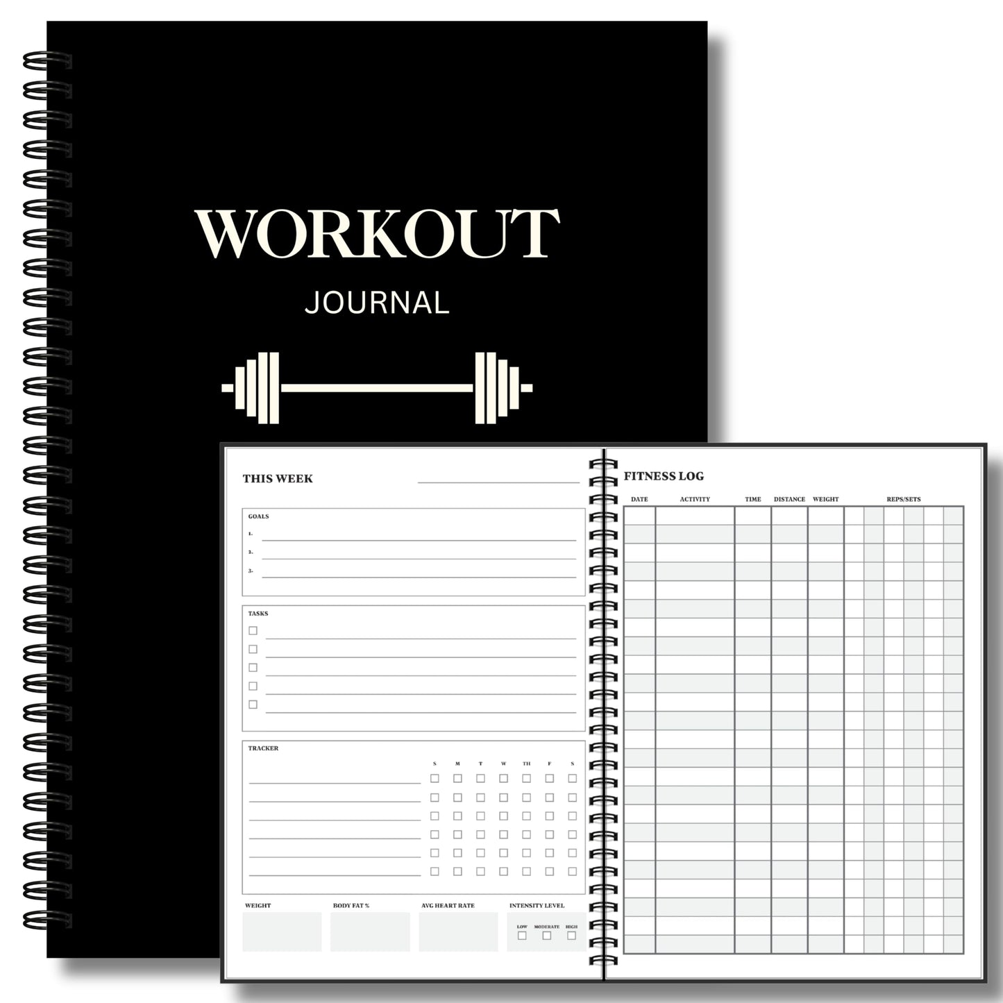 Workout Journal for Men – Fitness Journal & Workout Logbook, Gym Fitness Planner Journal with 52 Weeks of Tracking - Exercise Book for Weight Loss & Training – 8.2 x 6 inches – Spiral Hard-Cover - Black
