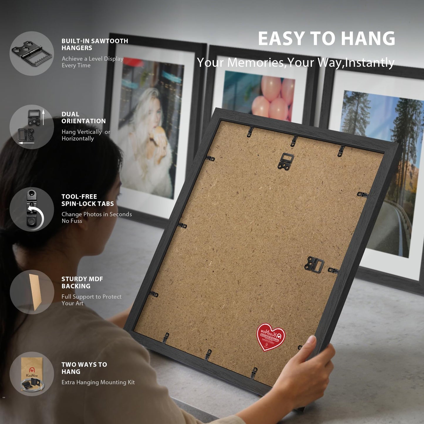 KissNow 13x19 Picture Frame 5-Pack - Black Wooden 19x13 Frames with Tempered Glass, Classic Gallery Design for Photos & Artwork, Horizontal or Vertical Wall Mounting