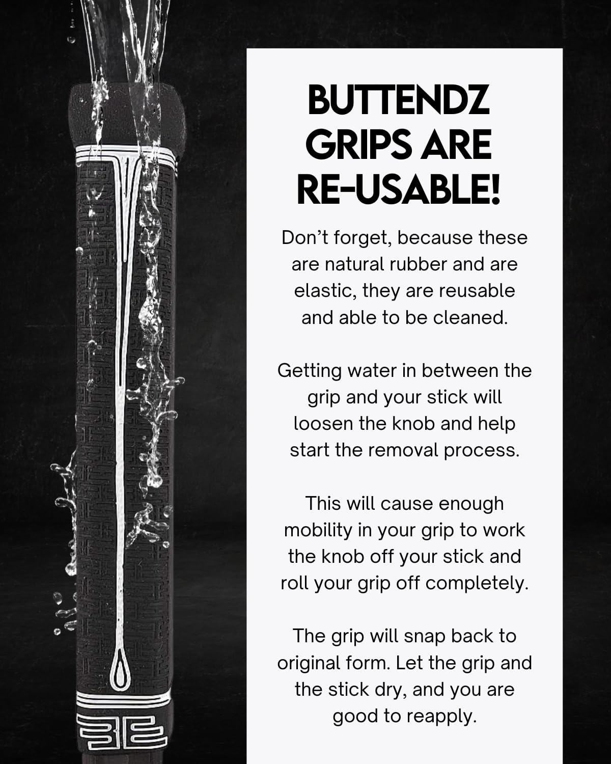 Buttendz Fusion Z Hockey Stick Replacement Grip - Reusable Design, Small Knob Player Grip for Top Hand Mobility, Fits All Stick Sizes (Black, White Drip)
