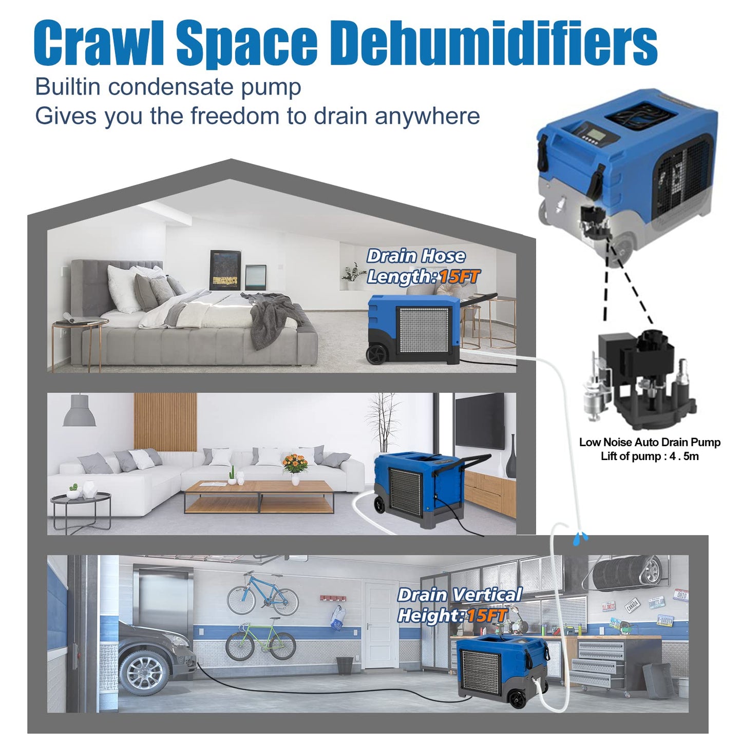 Mounto MOUNTO 268Pints LGR Commercial Compact Dehumidifier with Pump and Drain Hose, LGR Portable Dehumidifier with wheels for Home, Basements, Garages, and Job Sites (Blue)