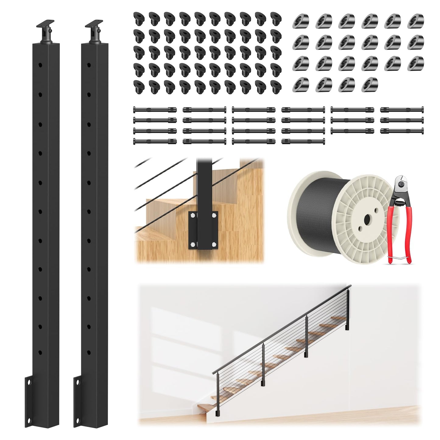 RailinGo 4-12FT 36" Side Mount Stair Railing Post Kits Include 2Pack Right Side Stair Posts, 150FT Wire Rope, Fasica Mount Swageless Stair Railing, 1/8" Stainless Steel Black Cable Railing Kits, RG73