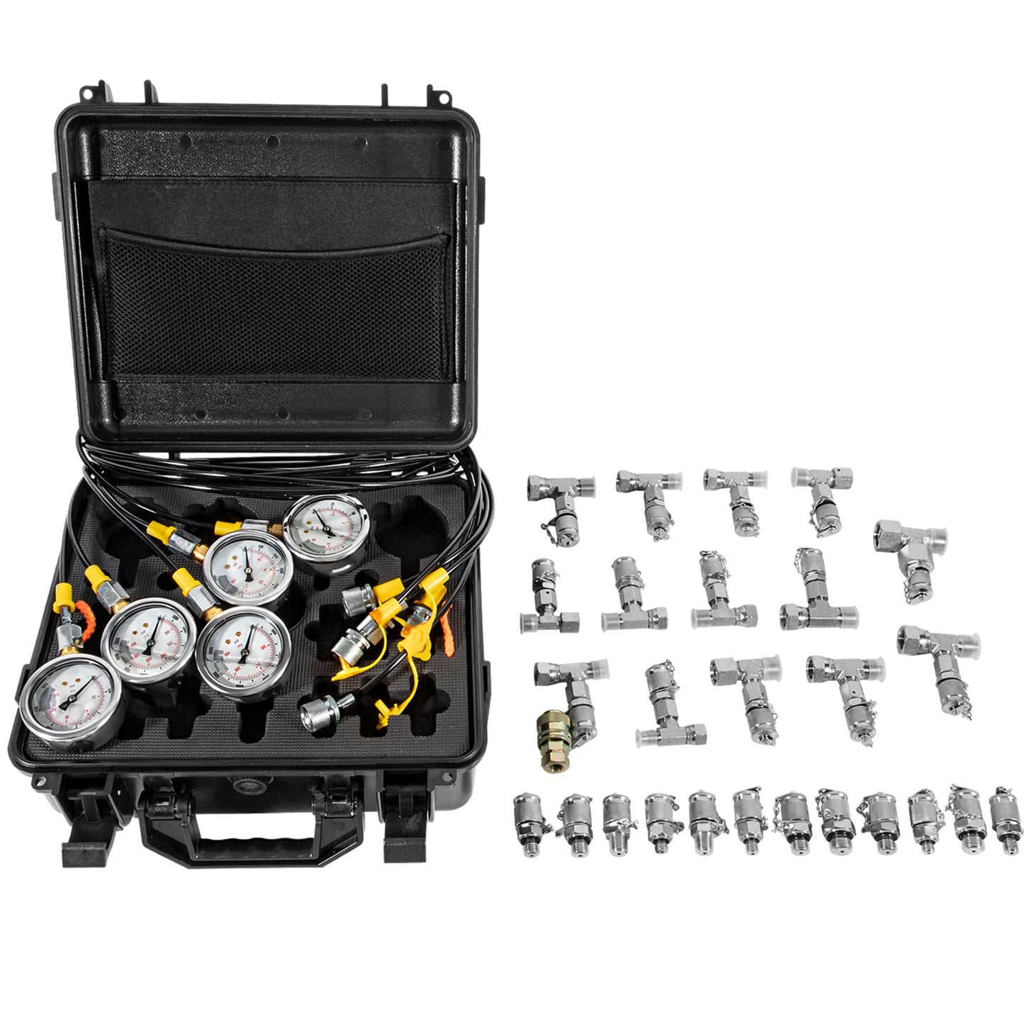 yourour Hydraulic Pressure Test Kit, 150/1500/3500/6000/9000 PSI, 5 Gauges, 13 Test Couplings, 14 Tee Connectors, 5 Test Hoses, with Sturdy Carrying Case for Construction Machinery Excavator
