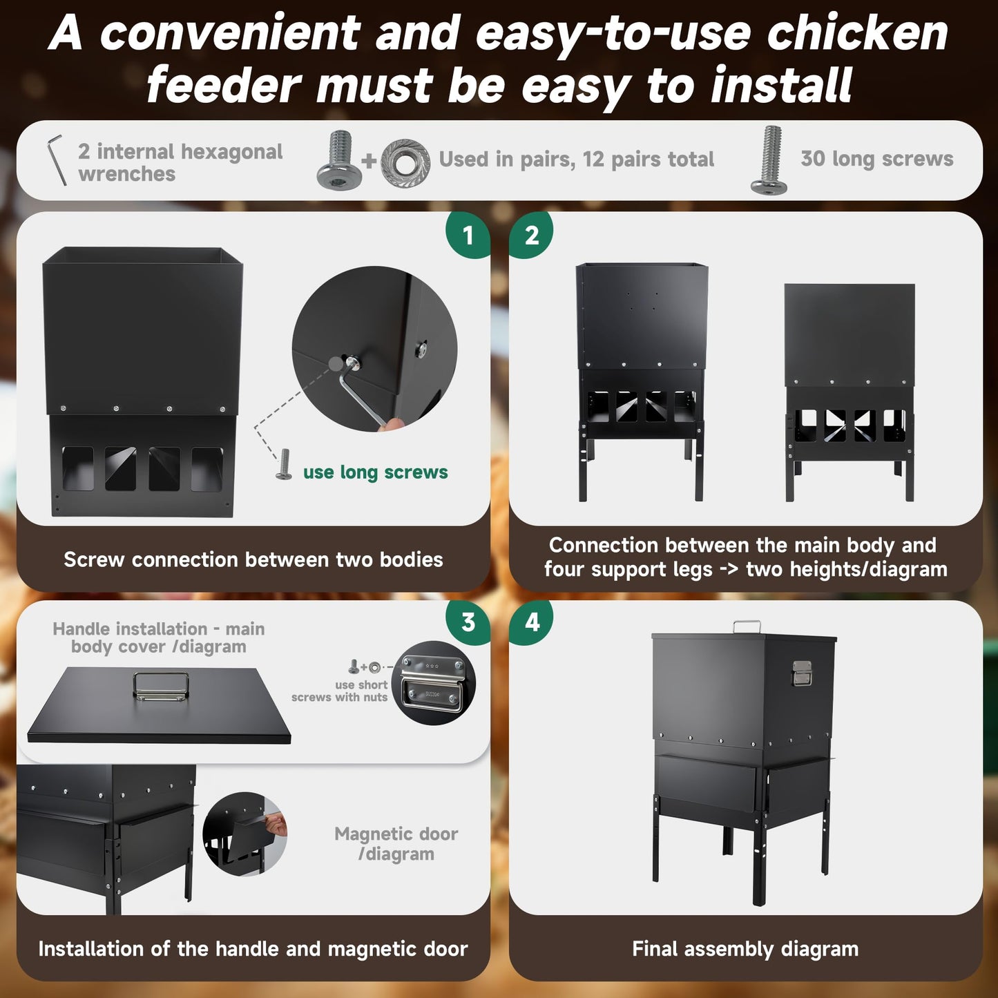 55-70LBS Large Chicken Feeder No Waste 16-Ports Automatic with Magnetic Baffle to Prevent Rodents and Mice Large Poultry Feeder Adjustable Height Suitable for All Poultry, Weatherproof