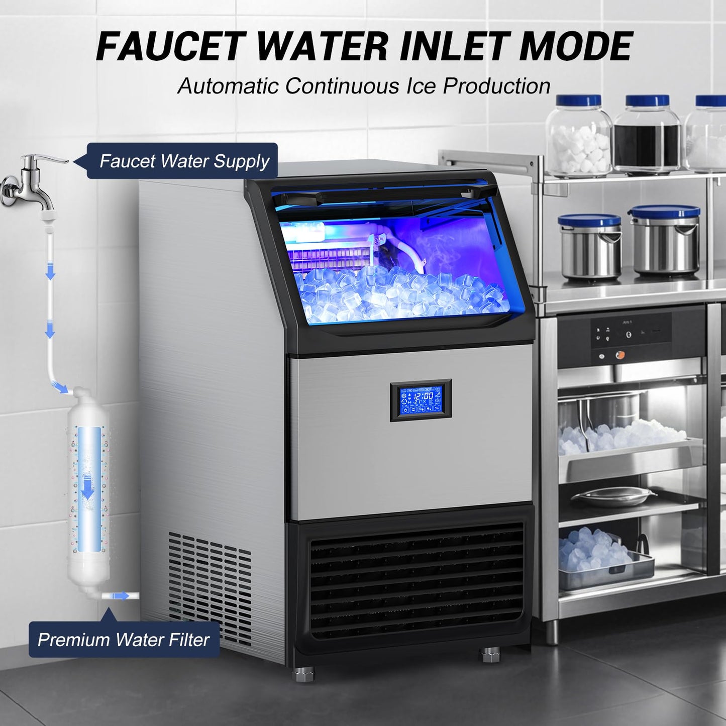 SOZT® Commercial Ice Maker Machine 450LBS/24H, Stainless Steel Under Counter Ice Machine with 200LBS Storage Bin, Self-Cleaning Freestanding Ice Cube Maker for Restaurant, Bar, Home, Office