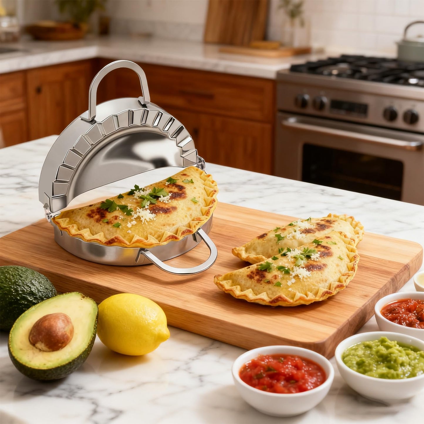 Empanada Maker Press, 6 Inch and 3.7 Inch Stainless Steel Tortilla Crimper Sealer with 1 Wonton Wrappers Tool, 2-in-1 Dough Cutter & Mold for Empanadas, Dumplings, Ravioli, Pierogi, Hand Pies