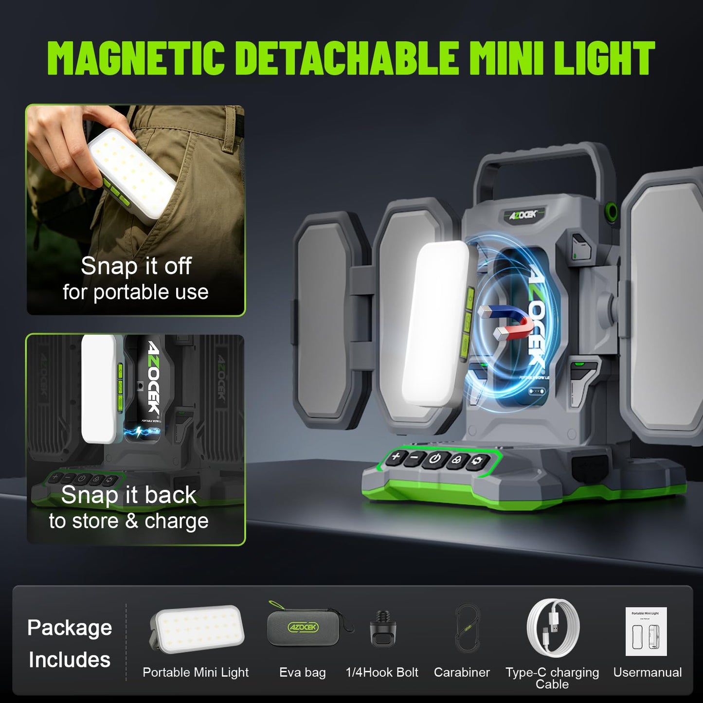 Azocek 10,000LM Portable LED Work Light Compatible with Milwaukee 18V Battery, 6 Brightness + Boost Mode, 5 Color Temps, Foldable 4-Panel with Detachable Mini Light, Tripod Mount & Hook (Tool Only)