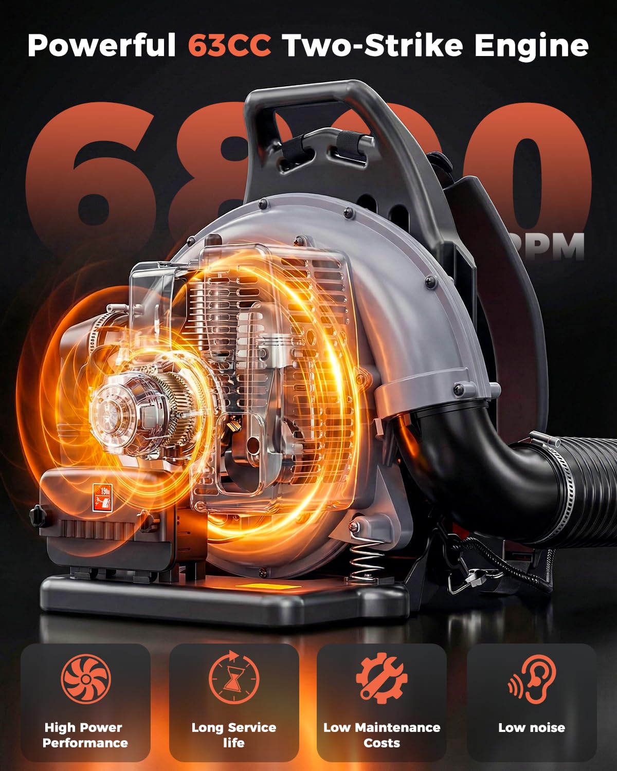HTK Backpack Blower, 63CC Gas Powered Leaf Blower with 665 CFM & 205 MPH for Commercial Lawn Care, Yard Debris & Snow Removal (Orange)