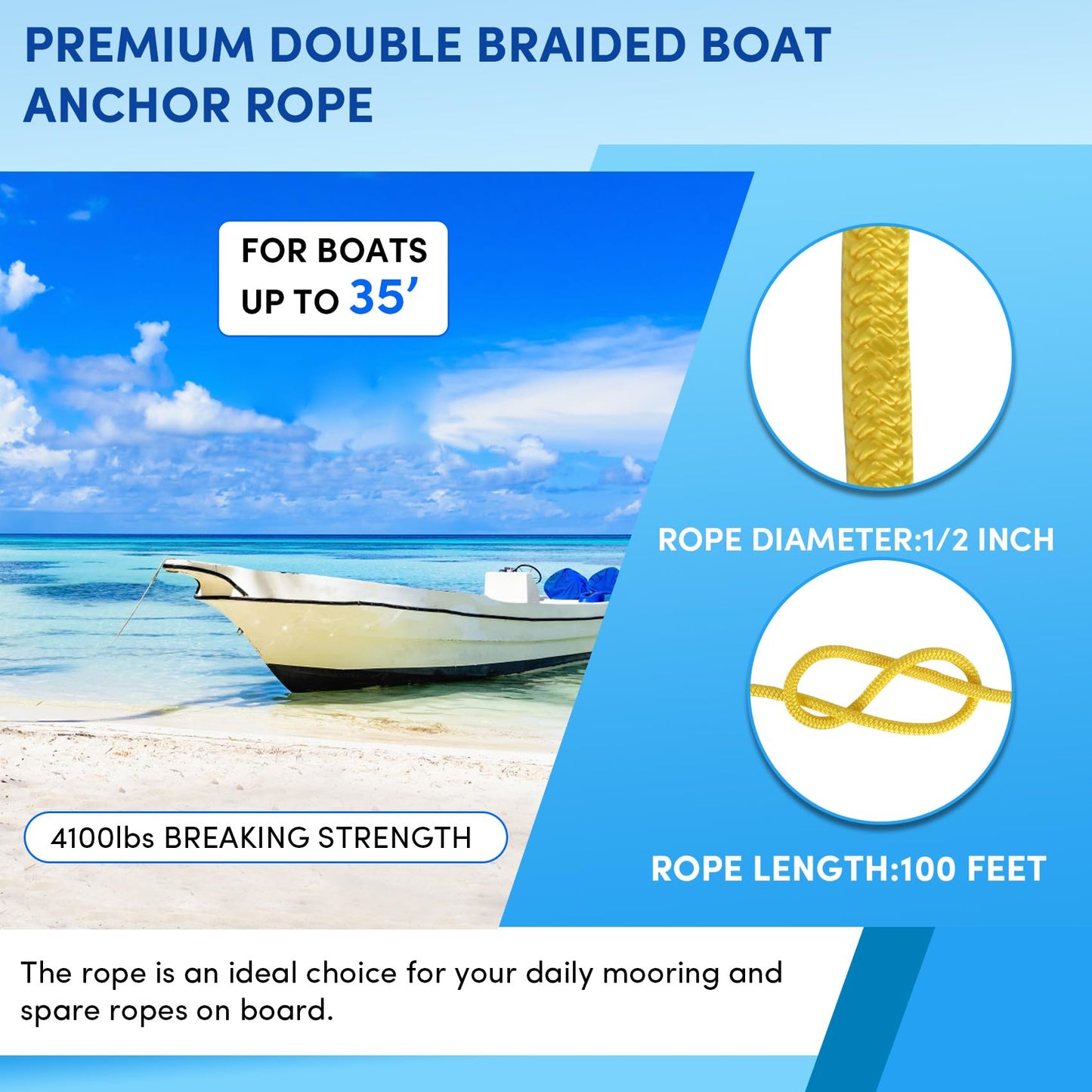VEITHI Boat Anchor Rope 100 ft x 1/2 inch Yellow, Double Braided Anchor Line with Stainless Steel Thimble & Shackle, Marine Rope Ideal for Towing,Mooring,Decks,Anchoring,for Boats Up to 35'