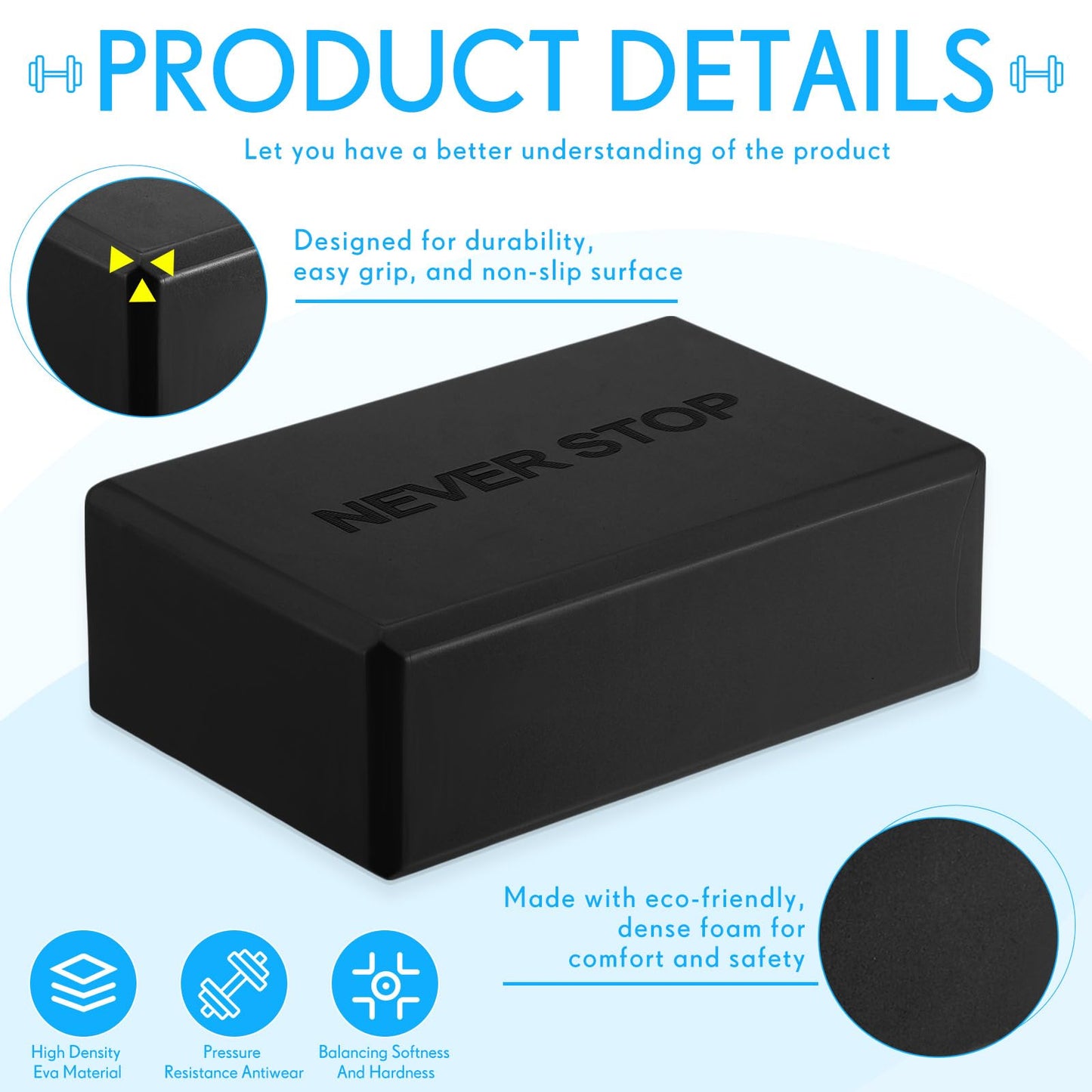 RoundFunny 4 Pack Yoga Blocks Non Slip Pilates Brick Foam Blocks Pilates Dance Gymnastics Workout Fitness Props Tool for Stretching Meditation and Exercise (Black)