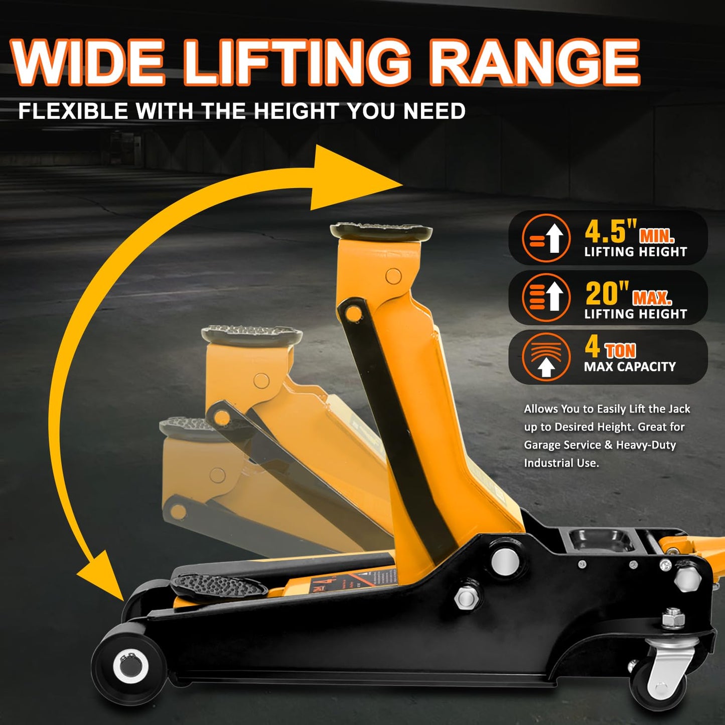 PM PERFORMOTOR Low Profile Hydraulic Trolley Service/Floor Jack, 4 Ton (8000 lbs) Capacity, Lifting Range 4.5"-20", Orange,PM-TOL-FJ40-OG