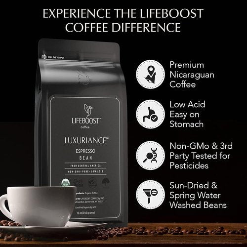 Lifeboost Organic Espresso Whole Bean Coffee - Low Acid, Non-GMO, USDA Organic | 12 oz Bag