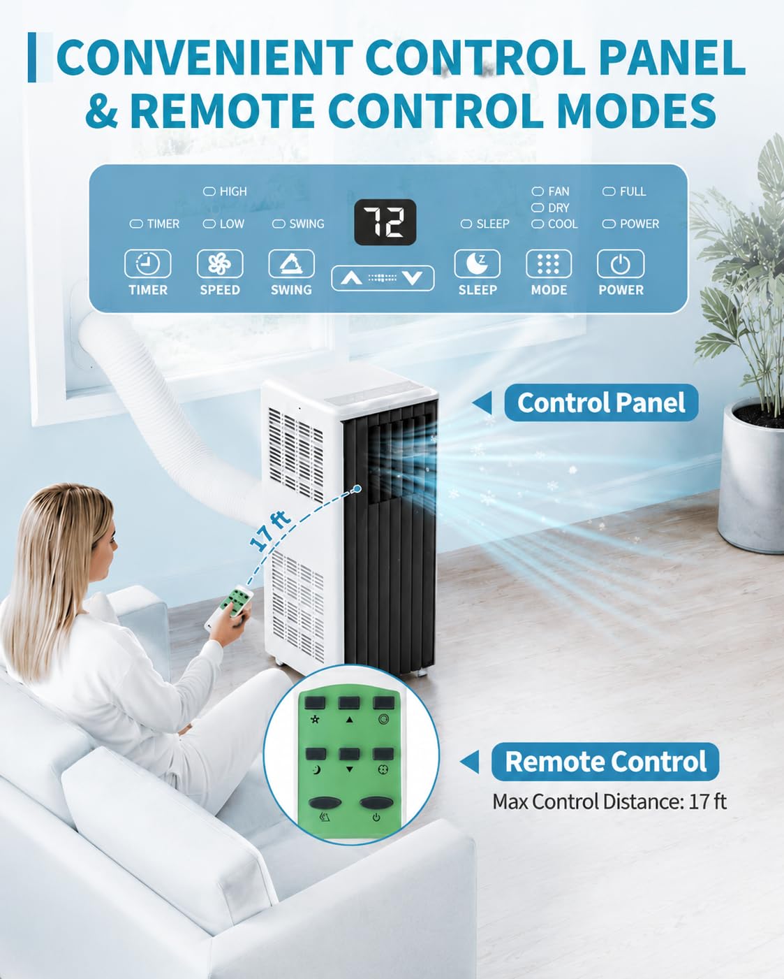 8,000 BTU Portable Air Conditioner, 4-in-1 Portable AC Unit Up to 350 Sq.Ft., Portable Air Conditioner with Cool, Fan, Dehumidifier, 24H Timer, Remote & Installation Kit, for Bedroom