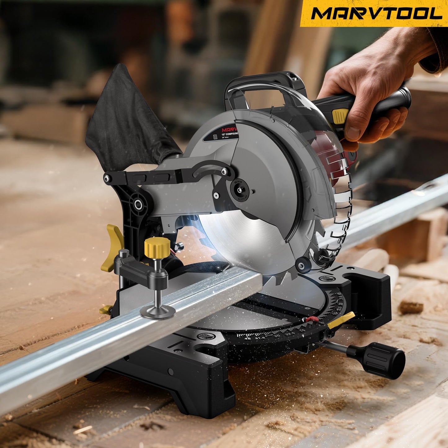 Marvtool 10-inch Compound Miter Saw, 5000RPM, 15 Amp, Single Bevel 0-45° with Extension Table, 36T Blade, Power Saw for Metal, Plastic, Wood, Laminates