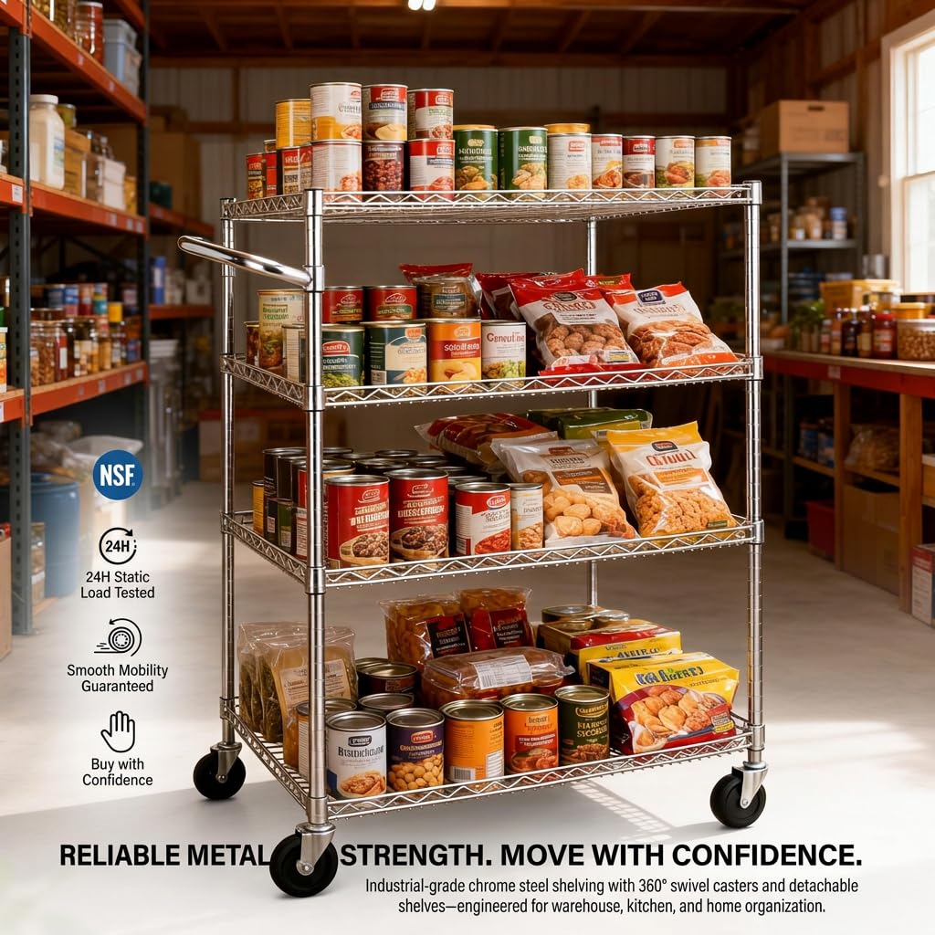 Finnhomy 4 Tier Heavy Duty Commercial Grade Rolling Cart with Handle Bar, Metal Wire Utility Cart with Wheels, Kitchen Service Trolley on Wheels, Shelf Size 18" D x 36" W, NSF, Chrome