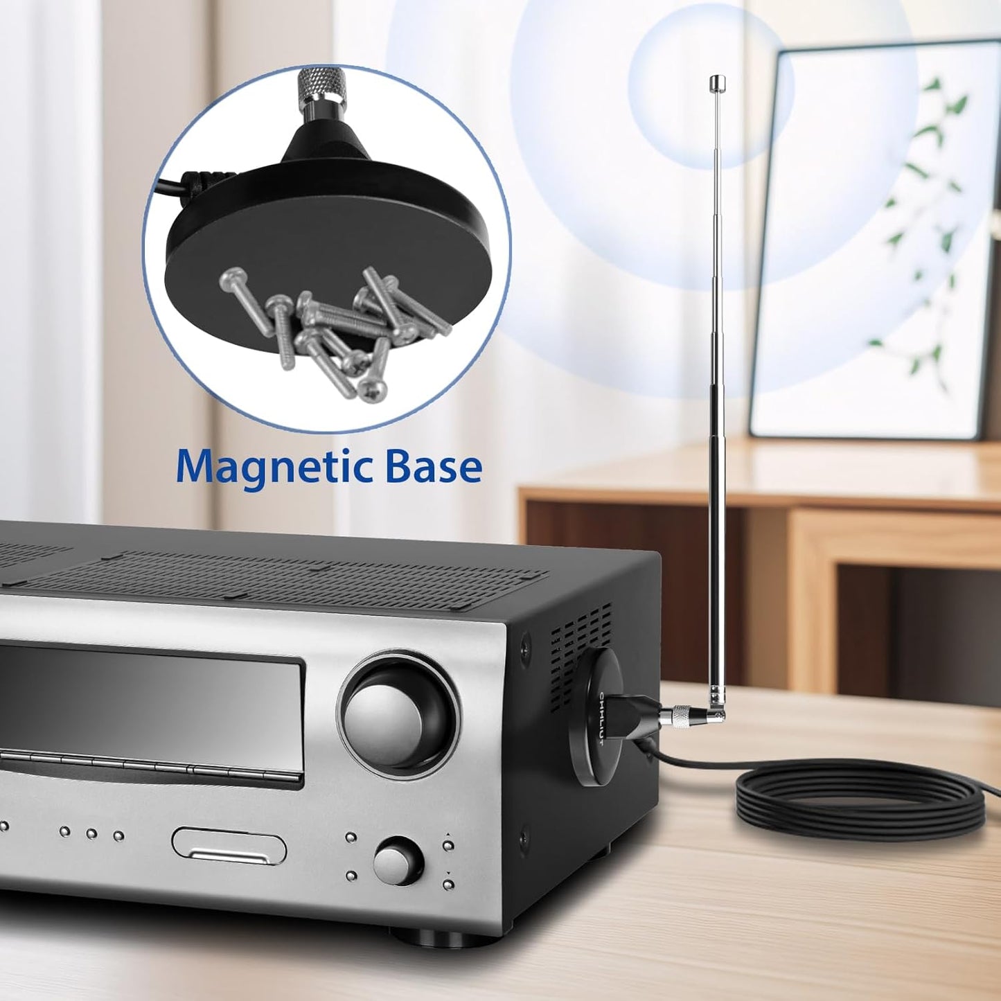 CHHLIUT 16ft FM Antenna for Stereo Receiver Magnetic Base, Coaxial Cable, Retractable, Perfect FM Reception for Home