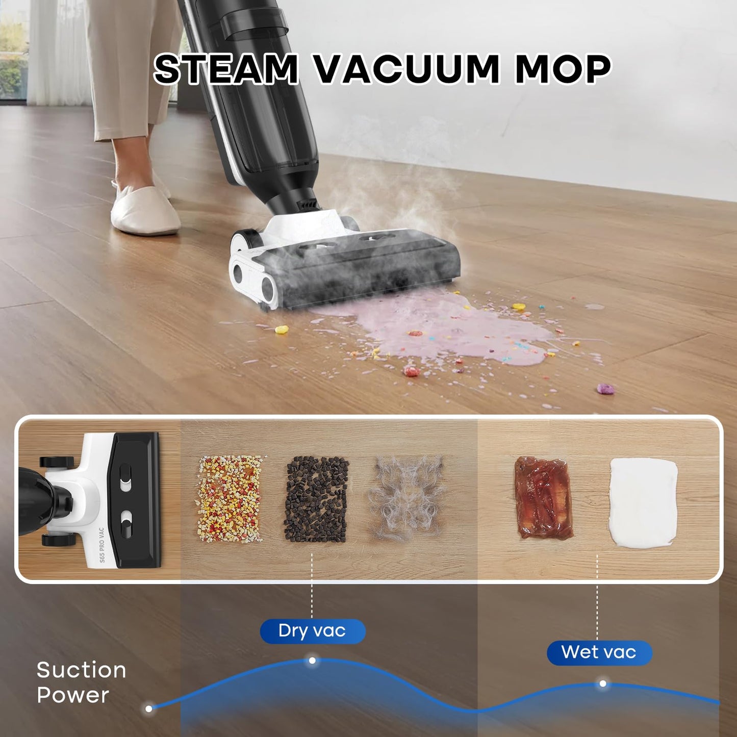 SUNSMAI 4-in-1 Steam Vacuum Mop - High-Performance Wet Dry Floor Cleaner for Hardwood Floors Carpets, 212°F Steam for Tough Stains, Self-Cleaning LED Display