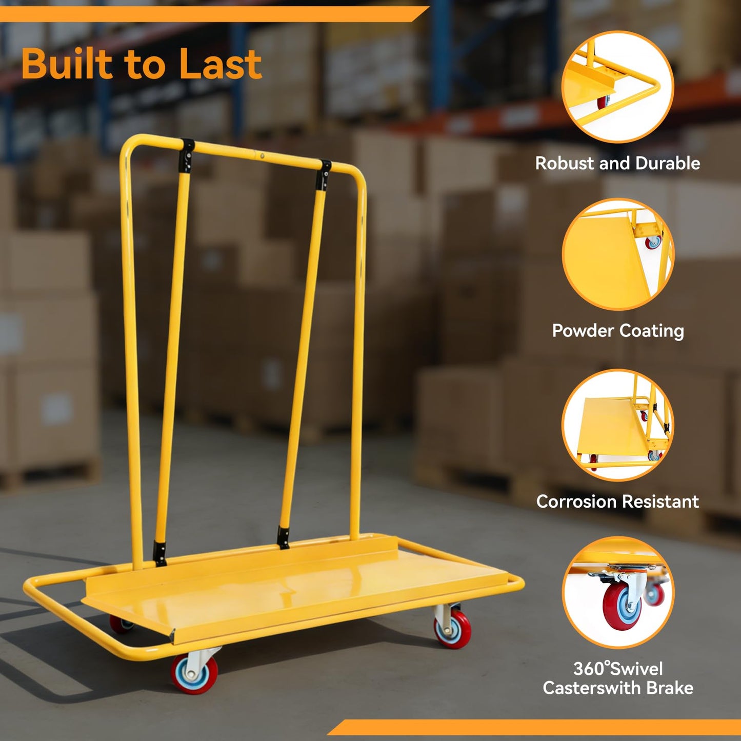 FULUPET Heavy Duty Drywall Sheet Cart, 3000 lbs Capacity Professional Panel Dolly,45.6"x 21.5" Deck and Industrial Swivel Casters, Rolling Wallboard and Plywood Trolley for Construction, Warehouse