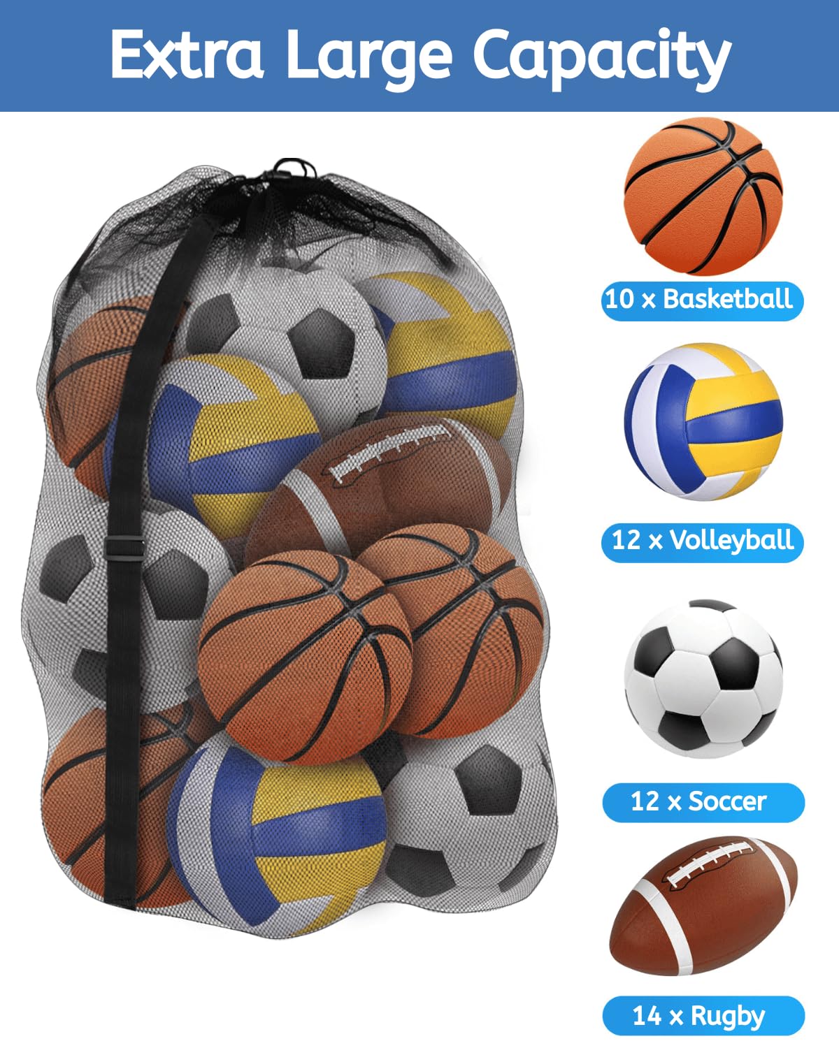 Youeon 4 Pcs Extra Large Mesh Ball Bags 30 x 40 Inch, Heavy Duty Sports Ball Bag with Drawstring Closure & Adjustable Shoulder Strap, Black Ball Storage Bags for All Kinds of Balls, Laundry