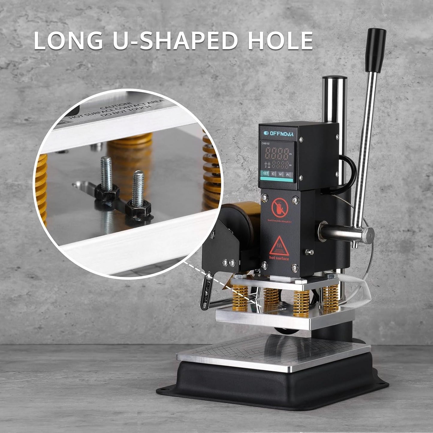 OFFNOVA Hot Foil Stamping Machine 10x13cm with U-Slot & Movable Table, 110V Digital Embossing Machine Manual Tipper Stamper for PVC Wood PU Leather Logo